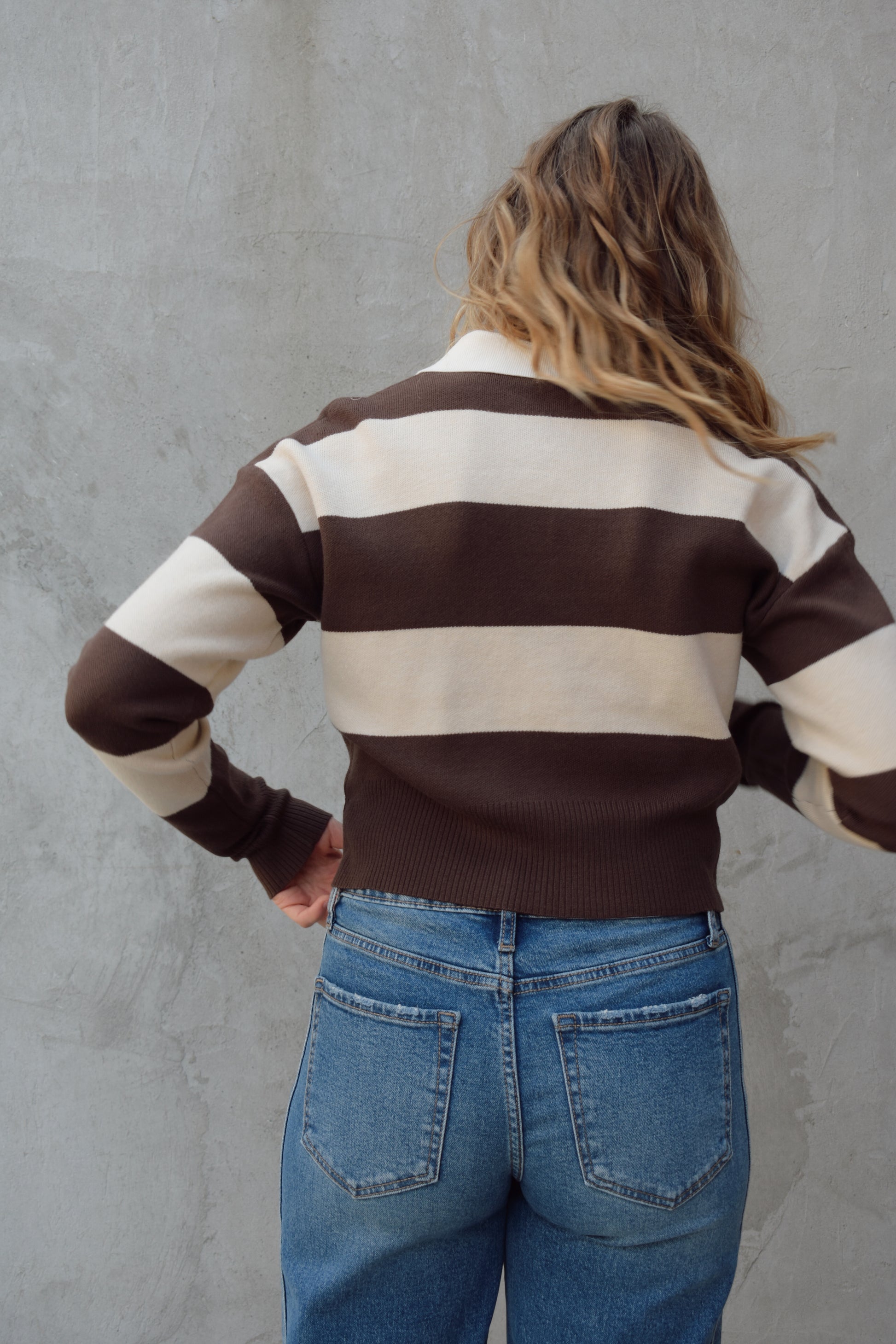 cream and dark brown slightly cropped polo light weight sweater wide horizontal stripes ribbed cuffs and hem drop shoulder 