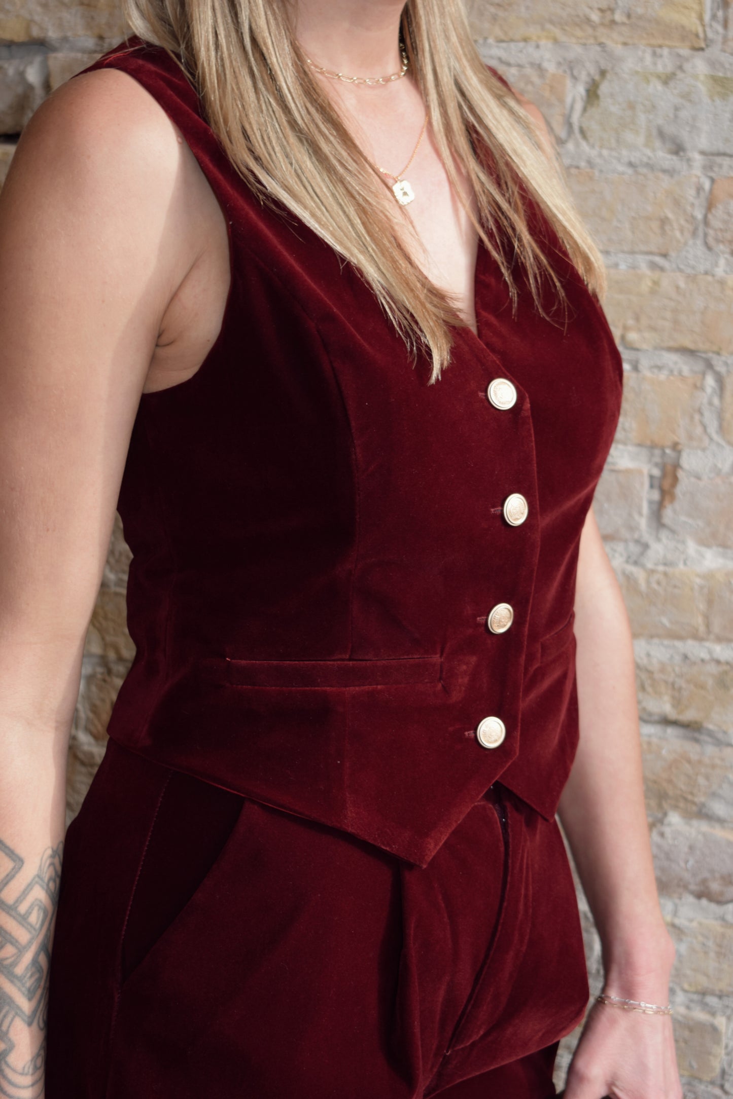 red velvet suit vest with satin back, buckle on back, gold button enclosure down front