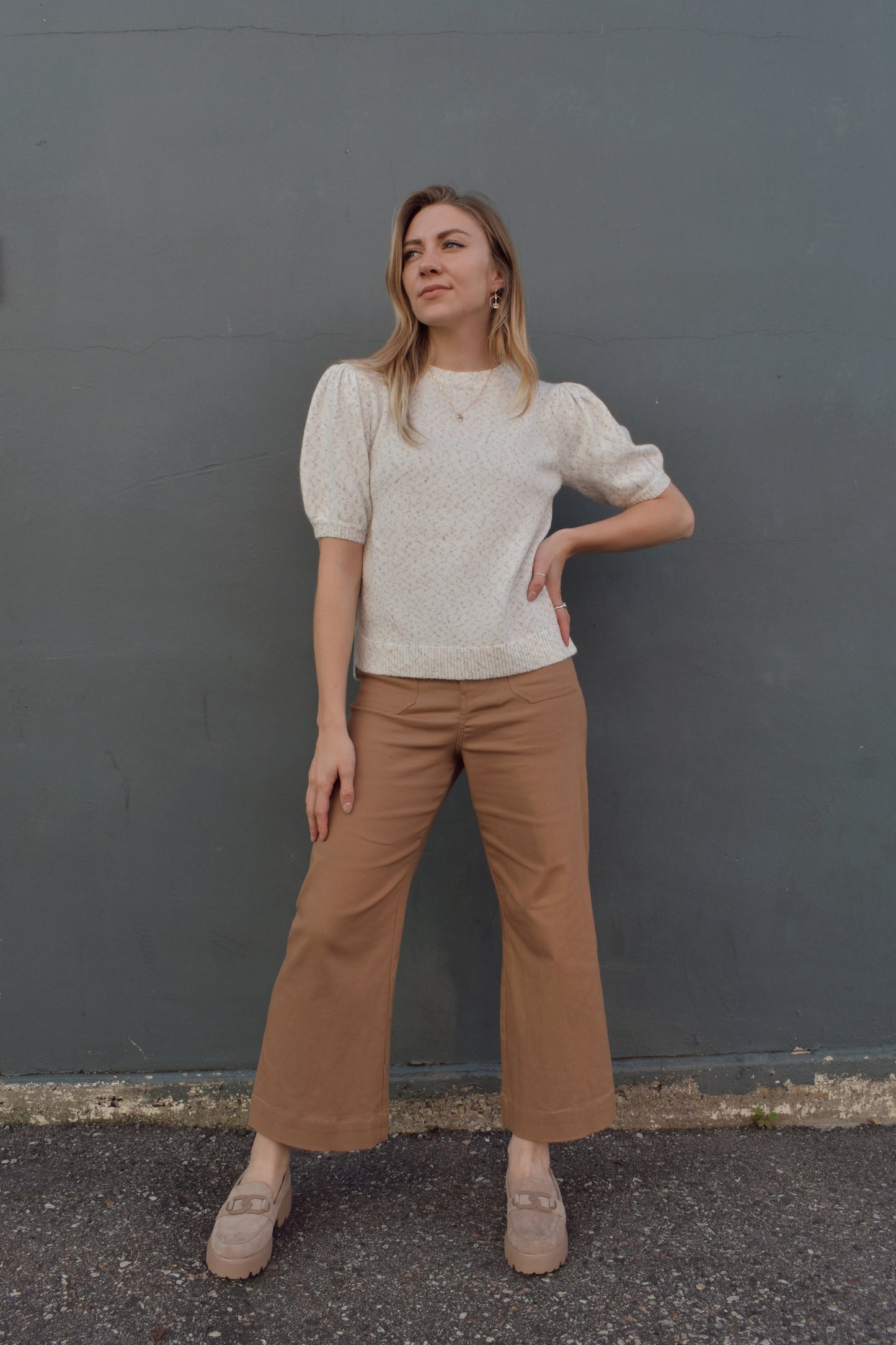 full length sweater with short balloon sleeves and crew neck,  fleck detailed with other colors of yarn, neutral colors.