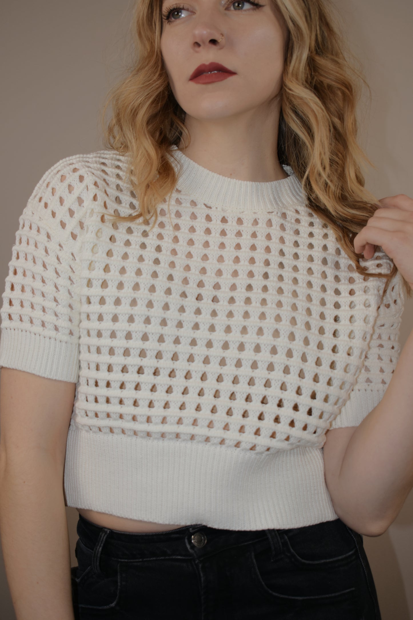 short sleeve summery waffle sweater with holes for breeziness crew neck cropped straight fit structured