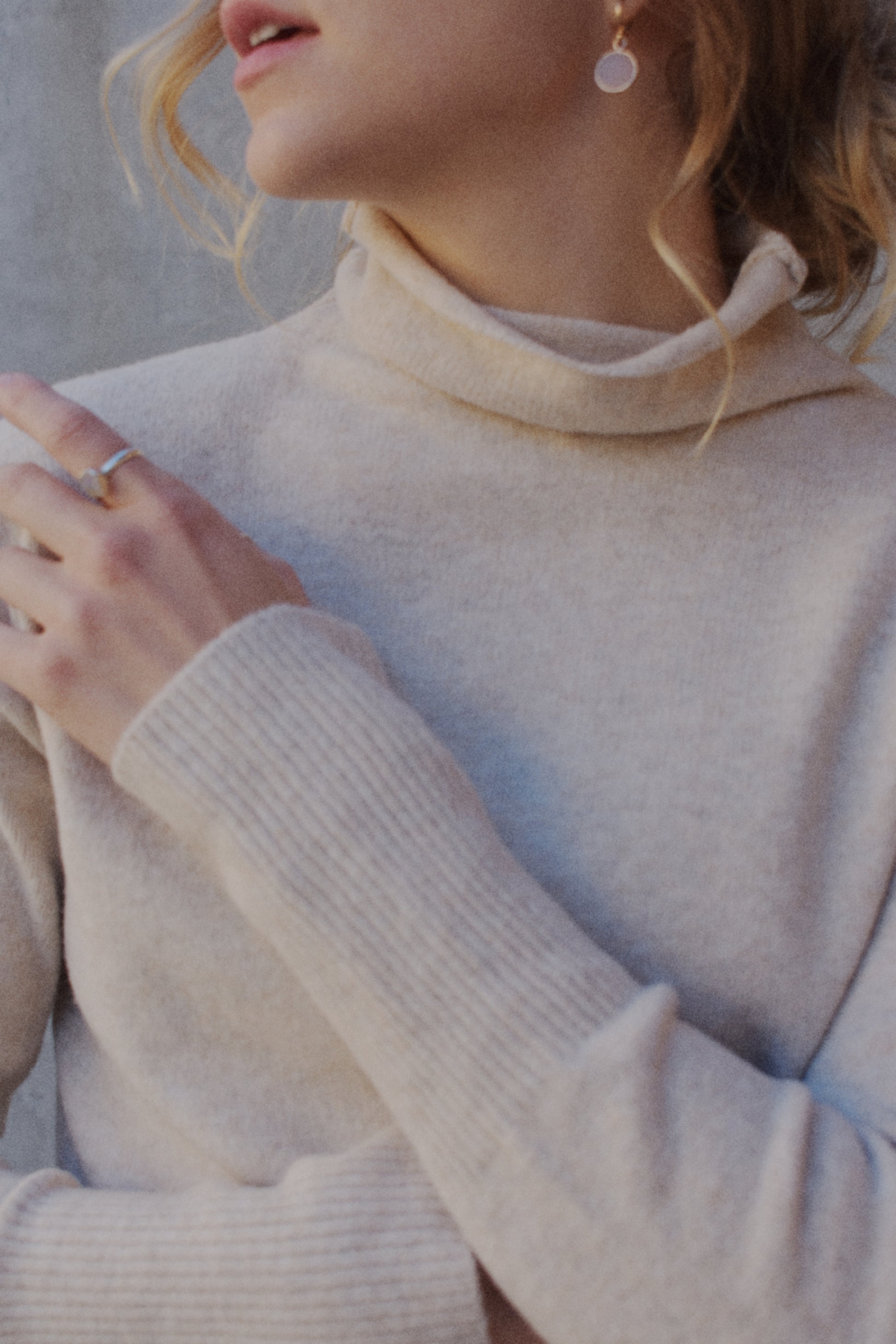 full length long sleeve turtleneck lightweight sweater, relaxed fit, drop shoulders, loose fabric around neck