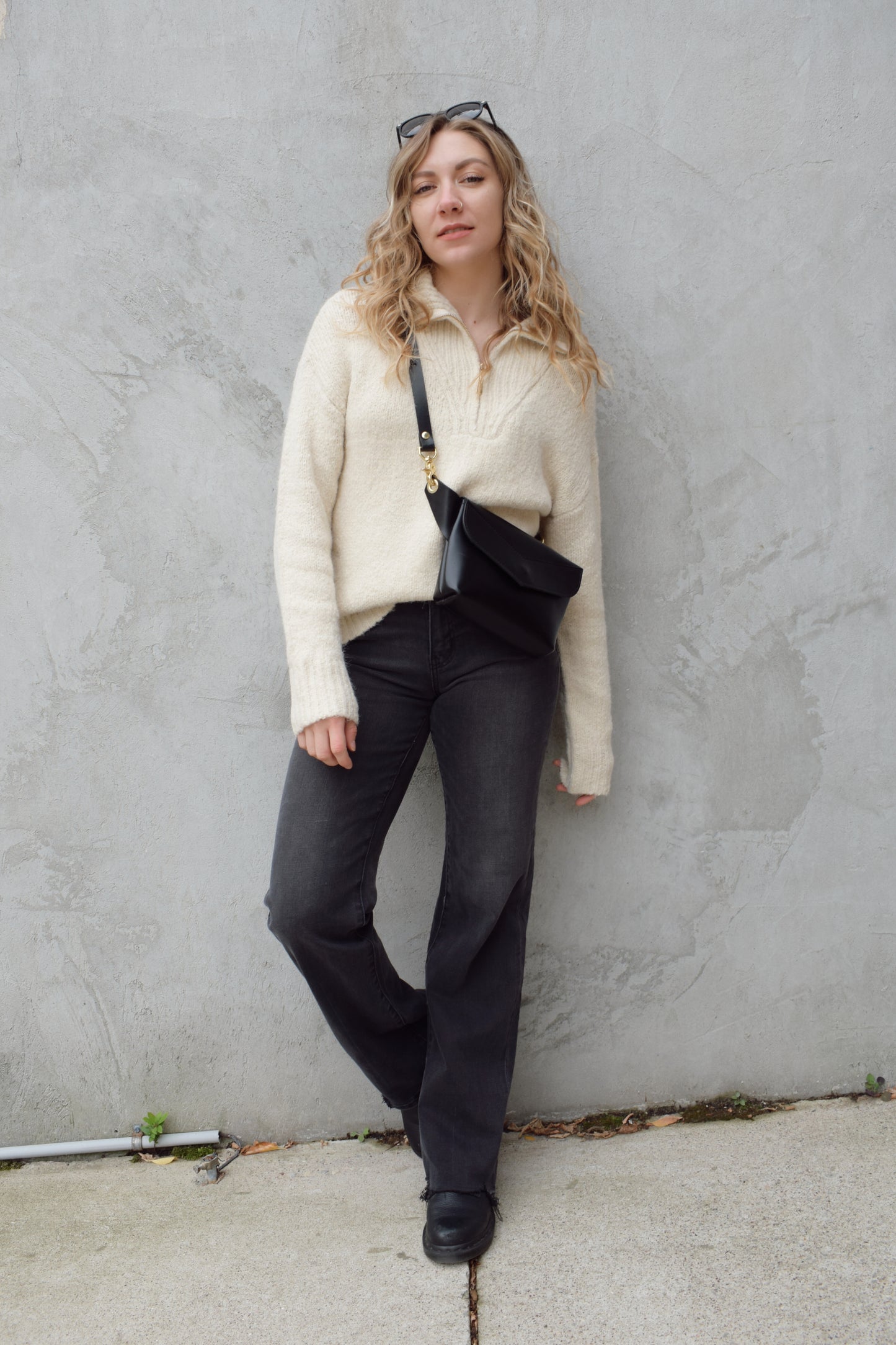 cozy knit blend quarter zip sweater with fold over collar, ribbed hem, full length and loose fit, drop shoulders