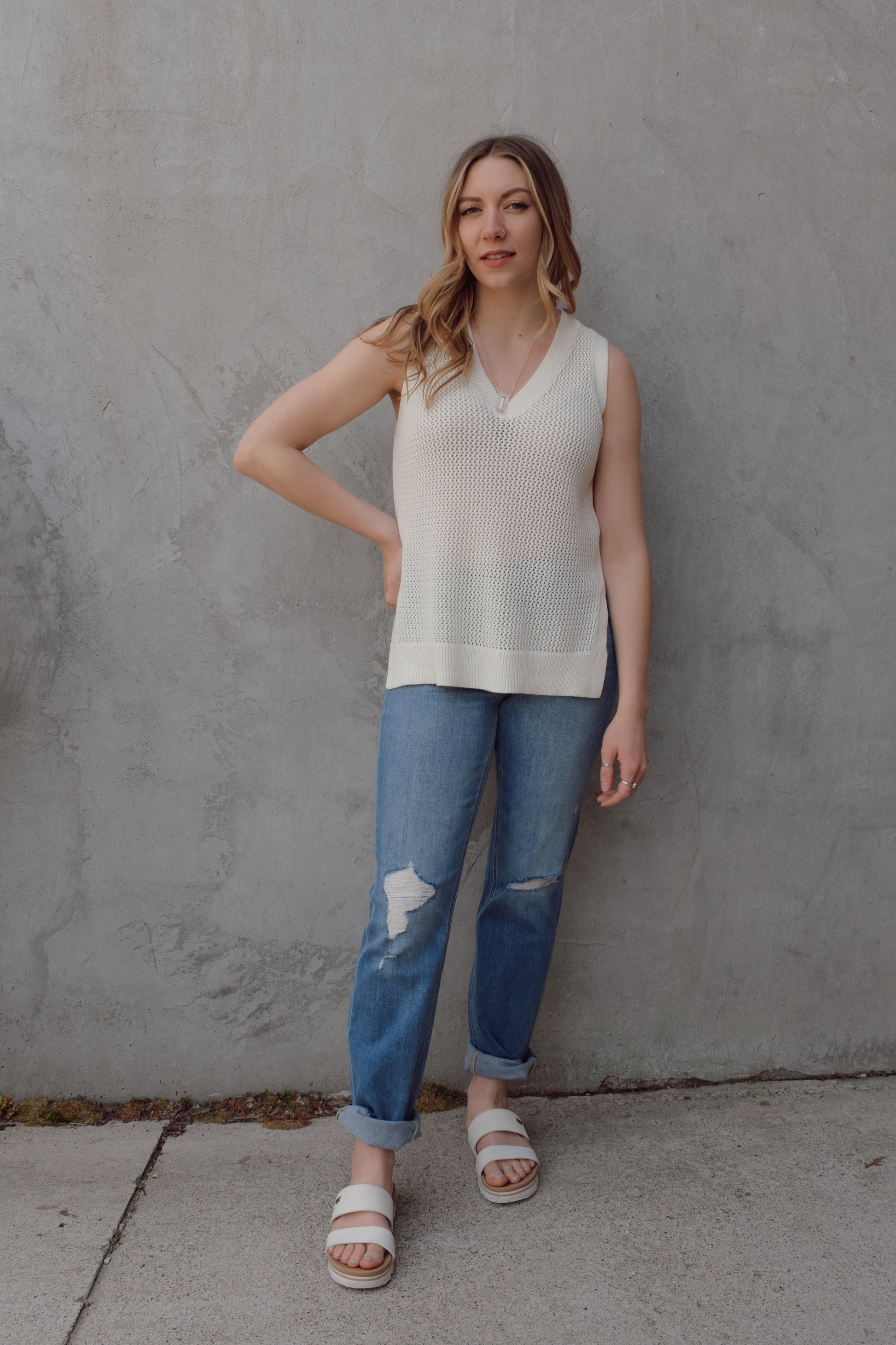 varsity knit sweater tank lightweight v neck side slits full length loose straight fit