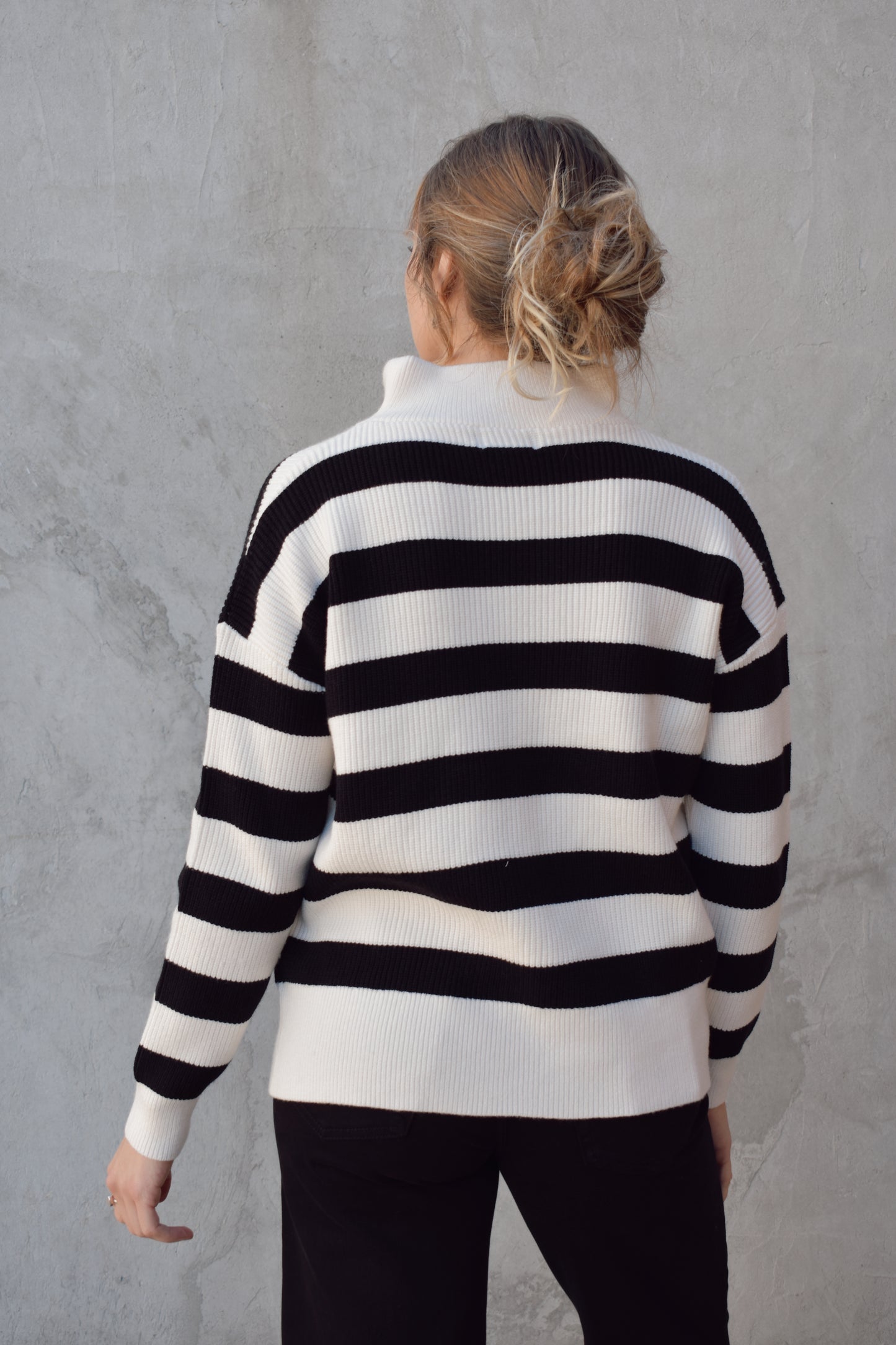 quarter zip pullover sweater with collar, thick horizontal stripes, no stripes on collar, drop shoulders, full length