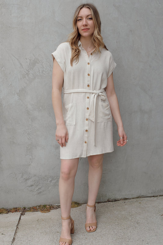 linen button down mini dress with front slouchy patch pockets waist tie cap sleeves lightweight 