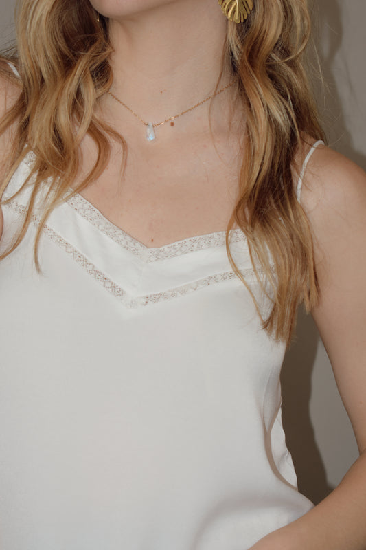 spaghetti strap satin cami full length straight fit with double lace trim along neckline