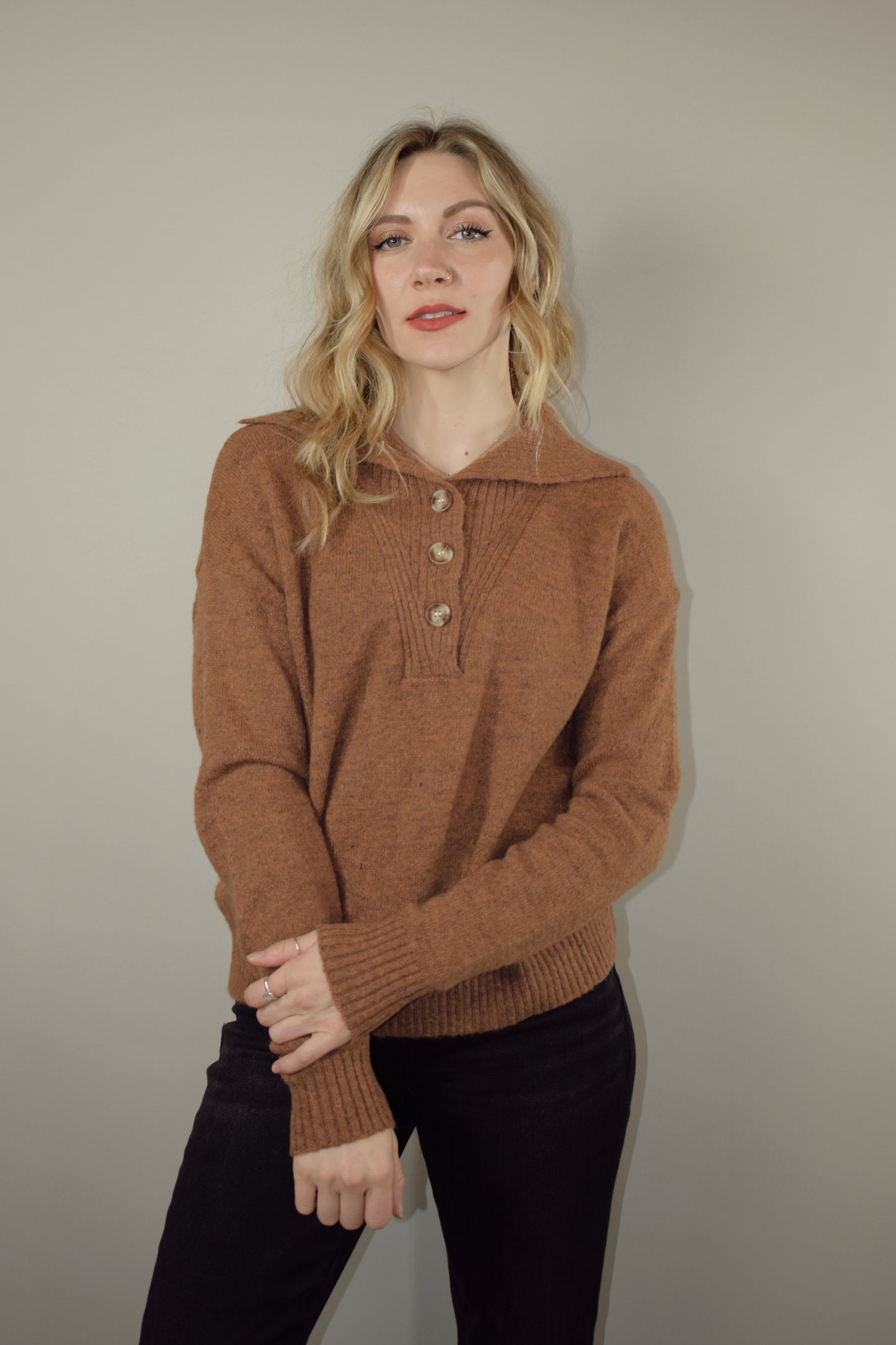 full length sweater with collar and 3 buttons down the neckline with ribbed panel -relaxed fit