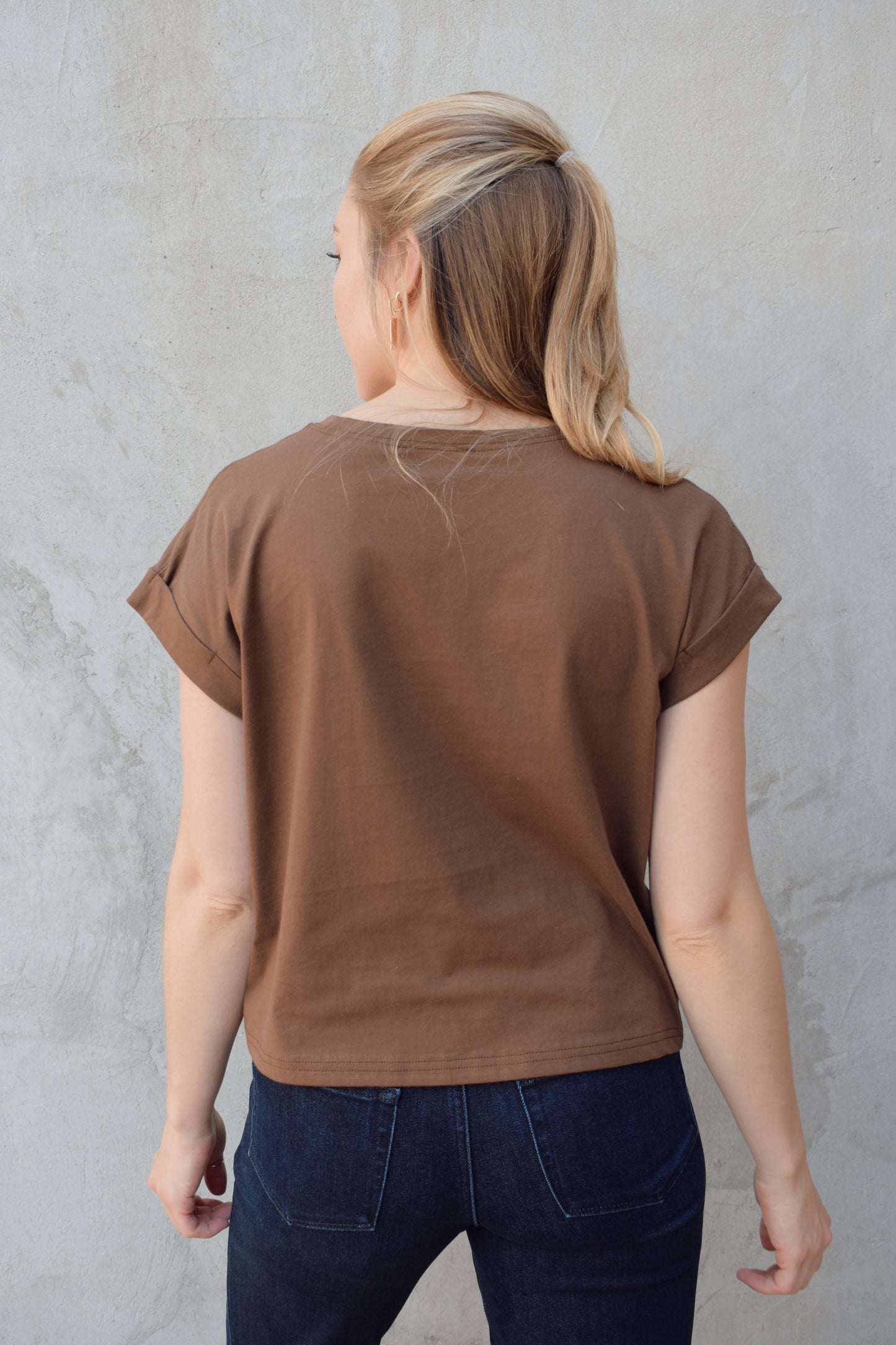 lightweight boxy style t-shirt crew neck with cuffed sleeves, hits at hips, staple basic 