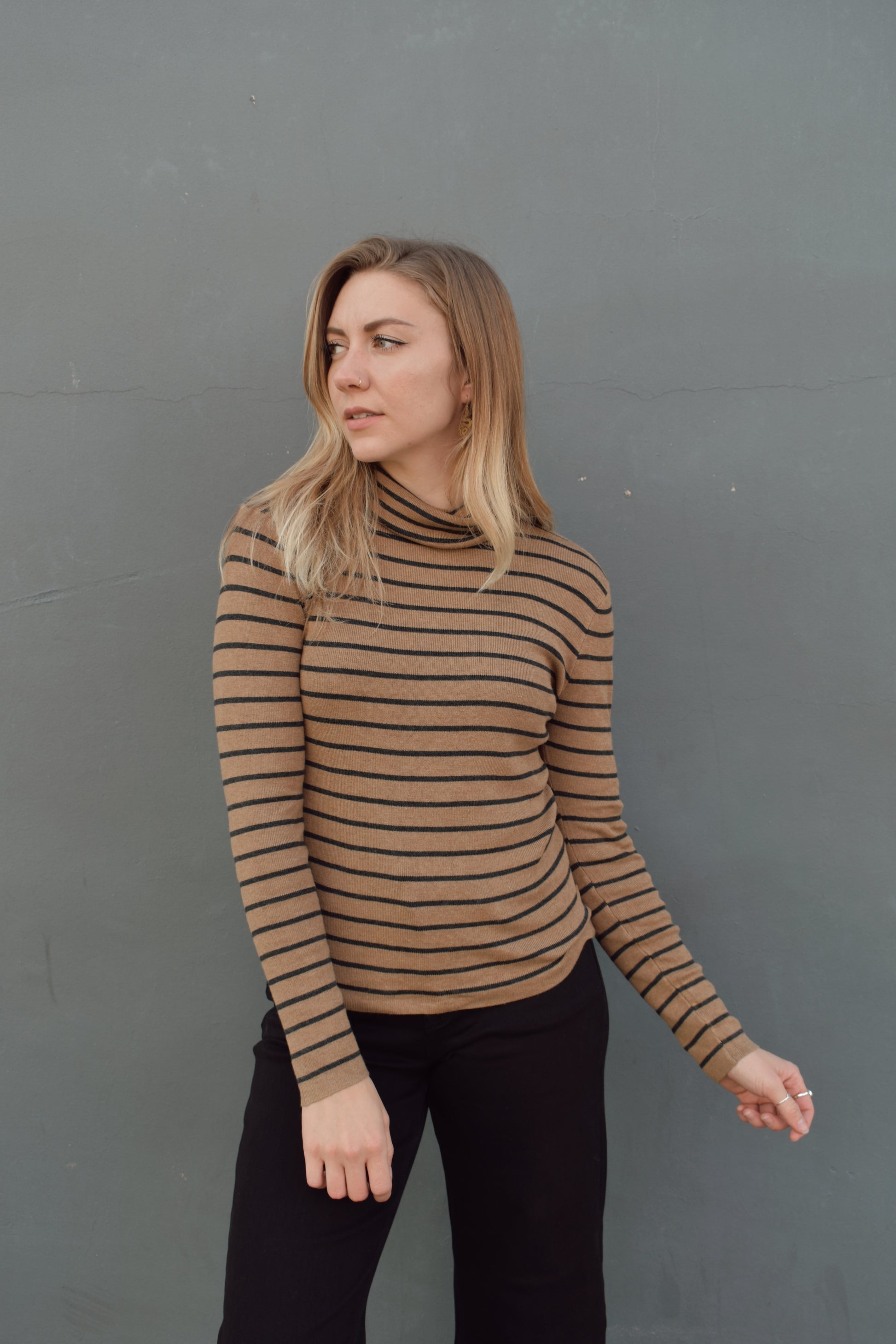 lightweight turtleneck long sleeve with a straight fit, full length, horizontal stripes.