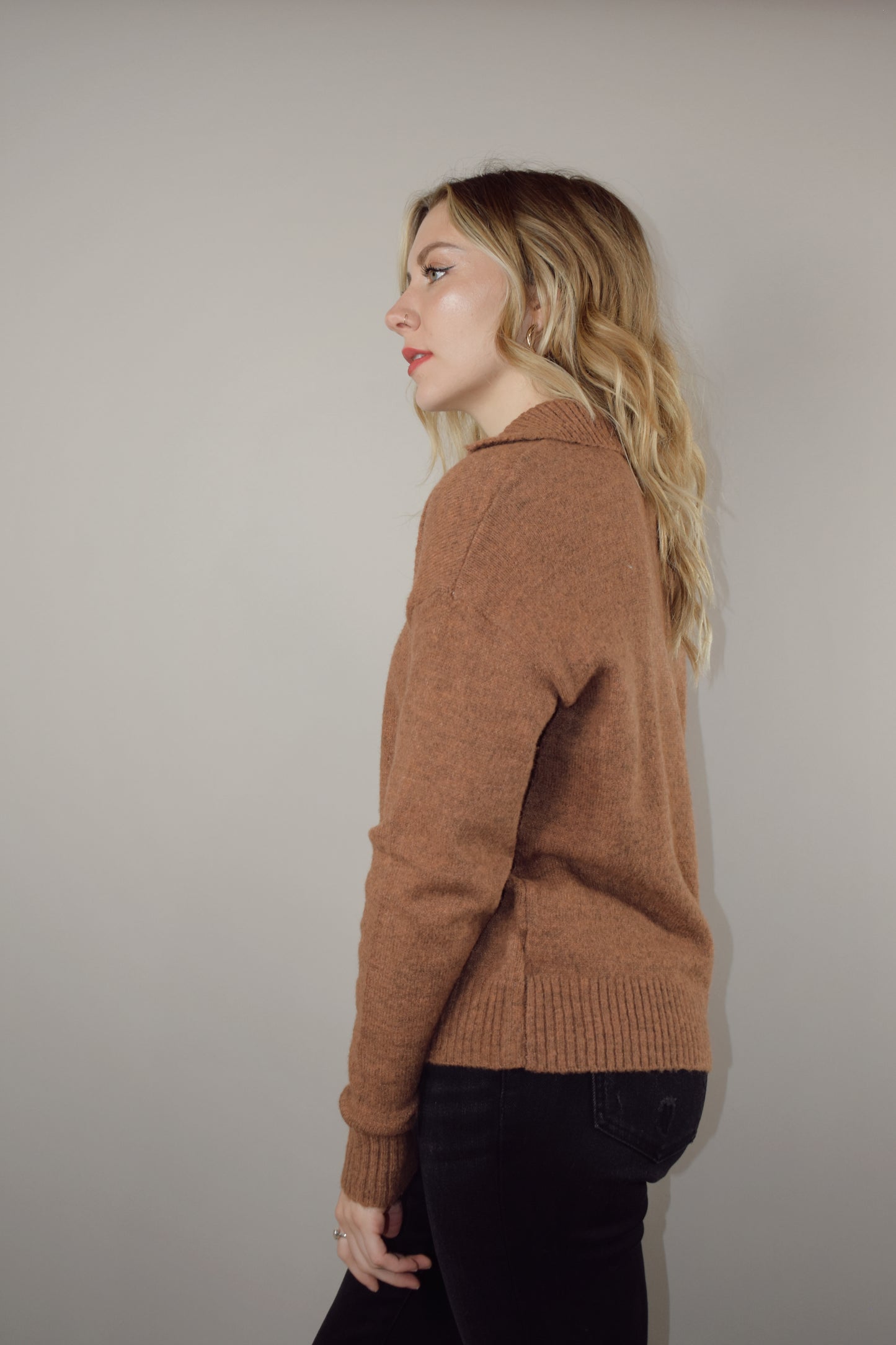 full length sweater with collar and 3 buttons down the neckline with ribbed panel -relaxed fit