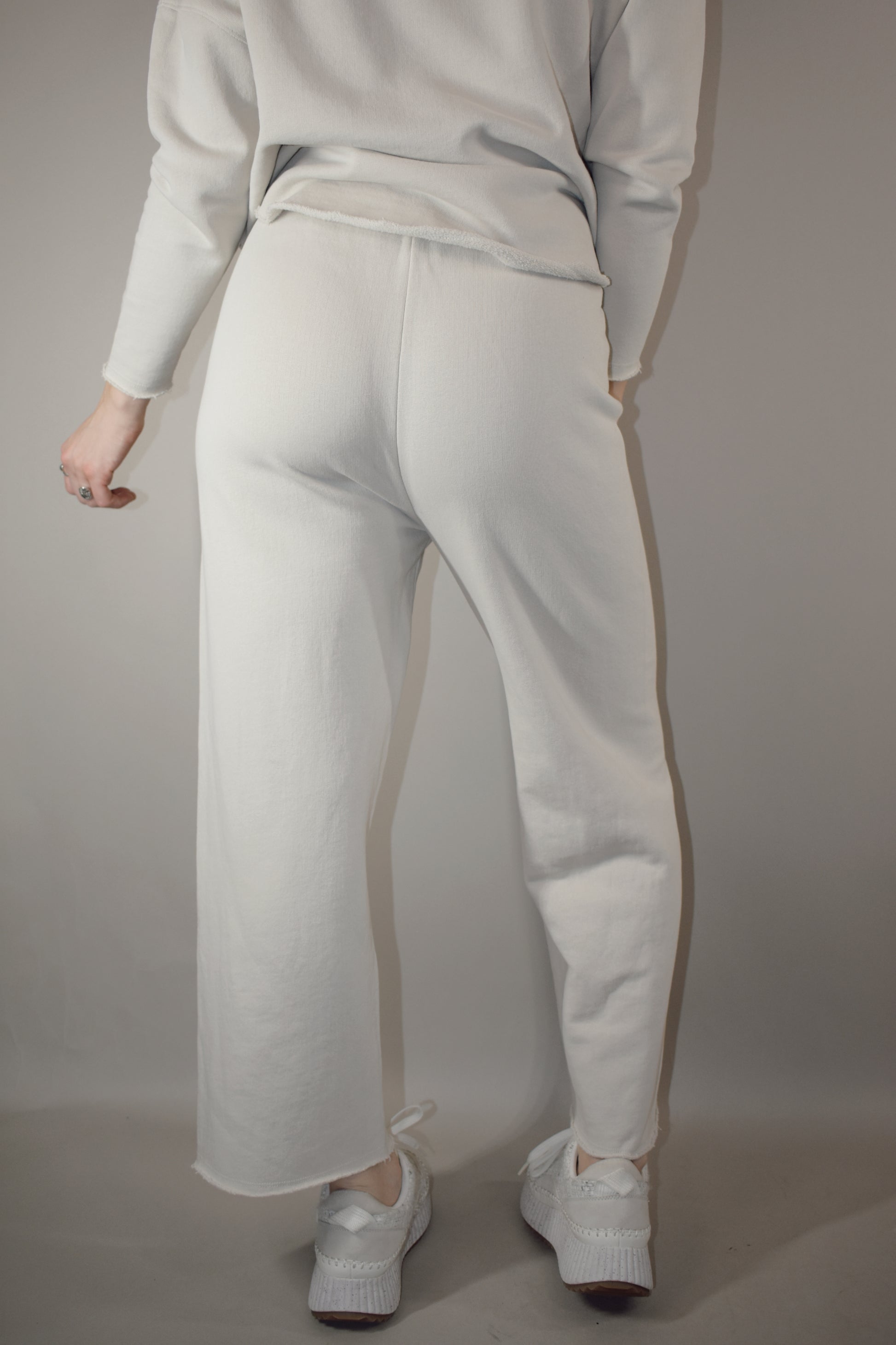 wide leg 100% cotton sweatpants with drawstring and elastic waistband raw hem no pockets athleisure