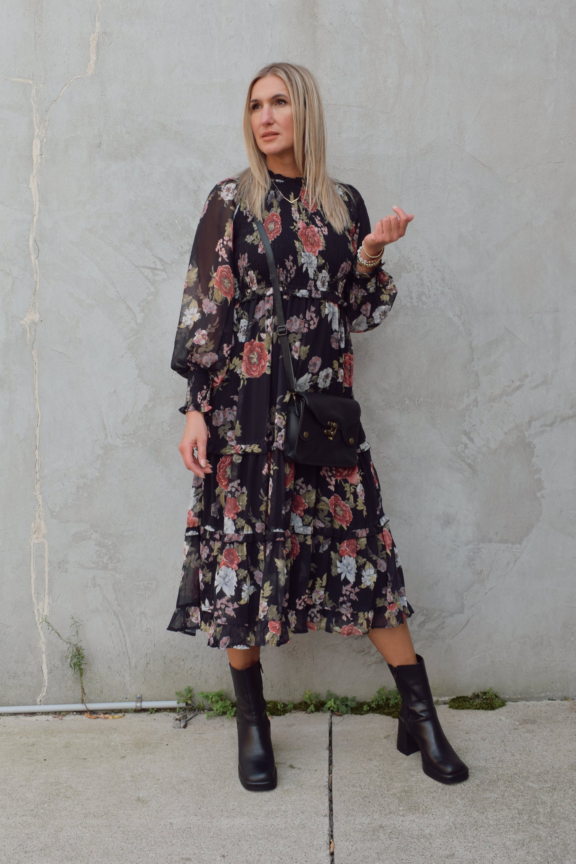 dressy floral midi dress with black background, chiffon material with sheer long sleeves, smocking on bodice and cuffs, high neck, tiered skirt.