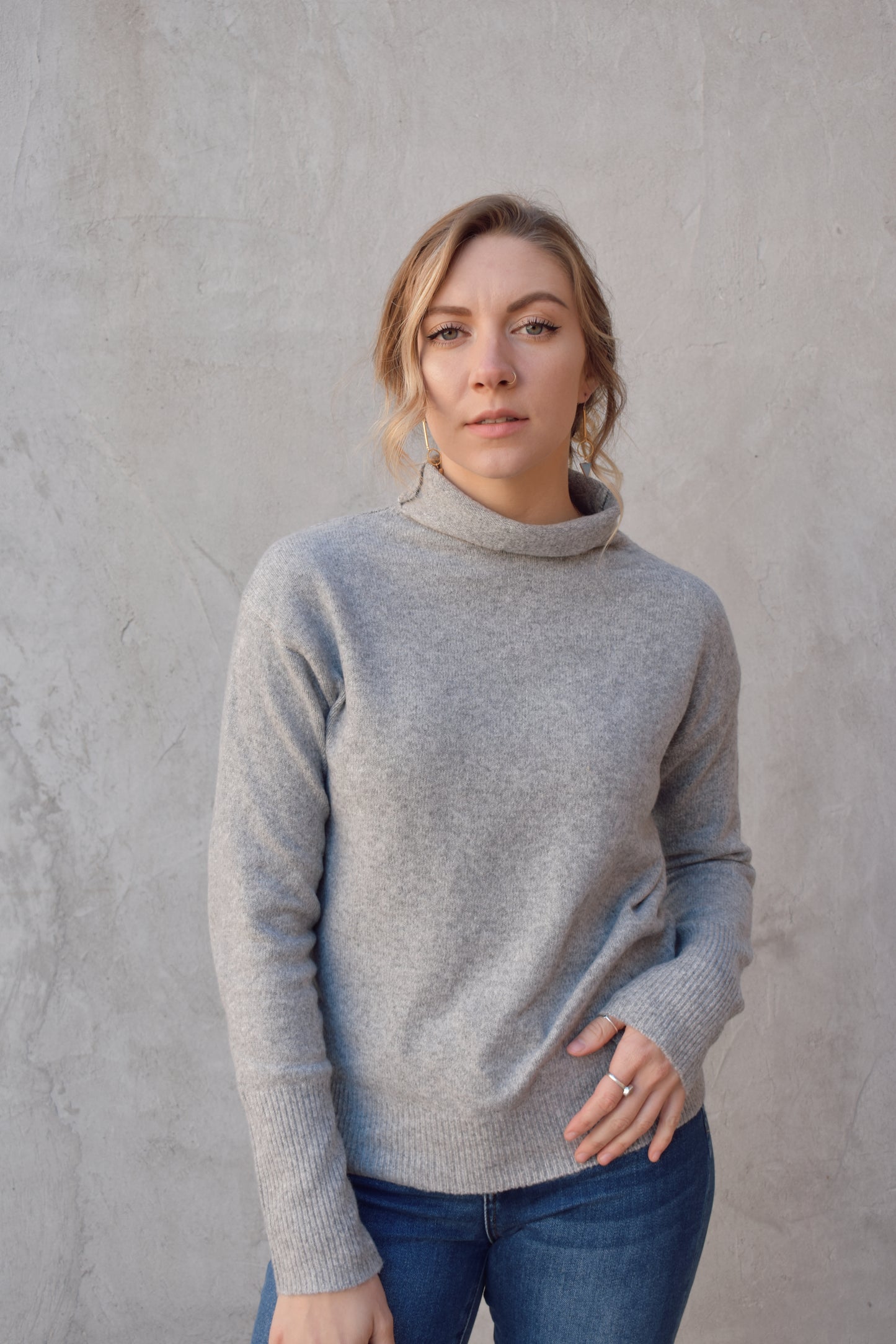 full length long sleeve turtleneck lightweight sweater, relaxed fit, drop shoulders, loose fabric around neck