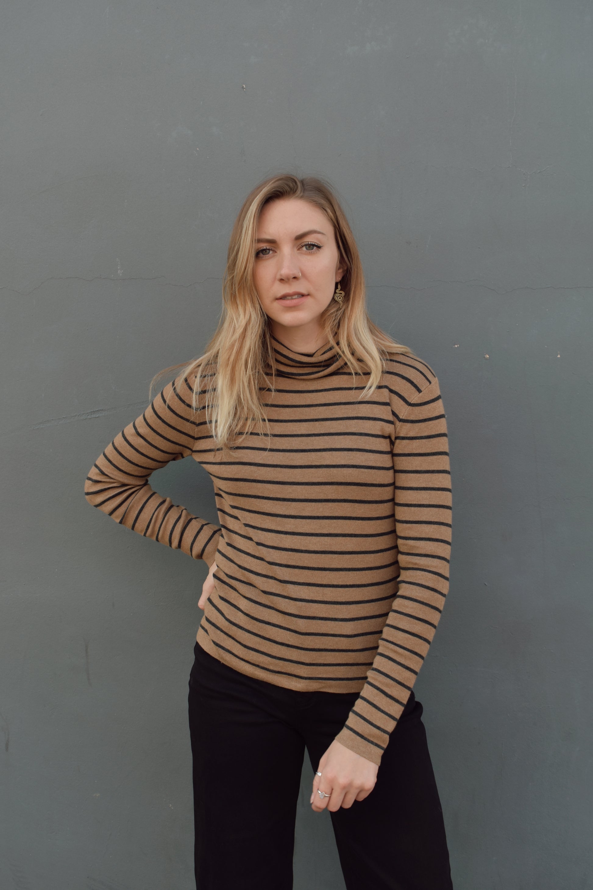 lightweight turtleneck long sleeve with a straight fit, full length, horizontal stripes.