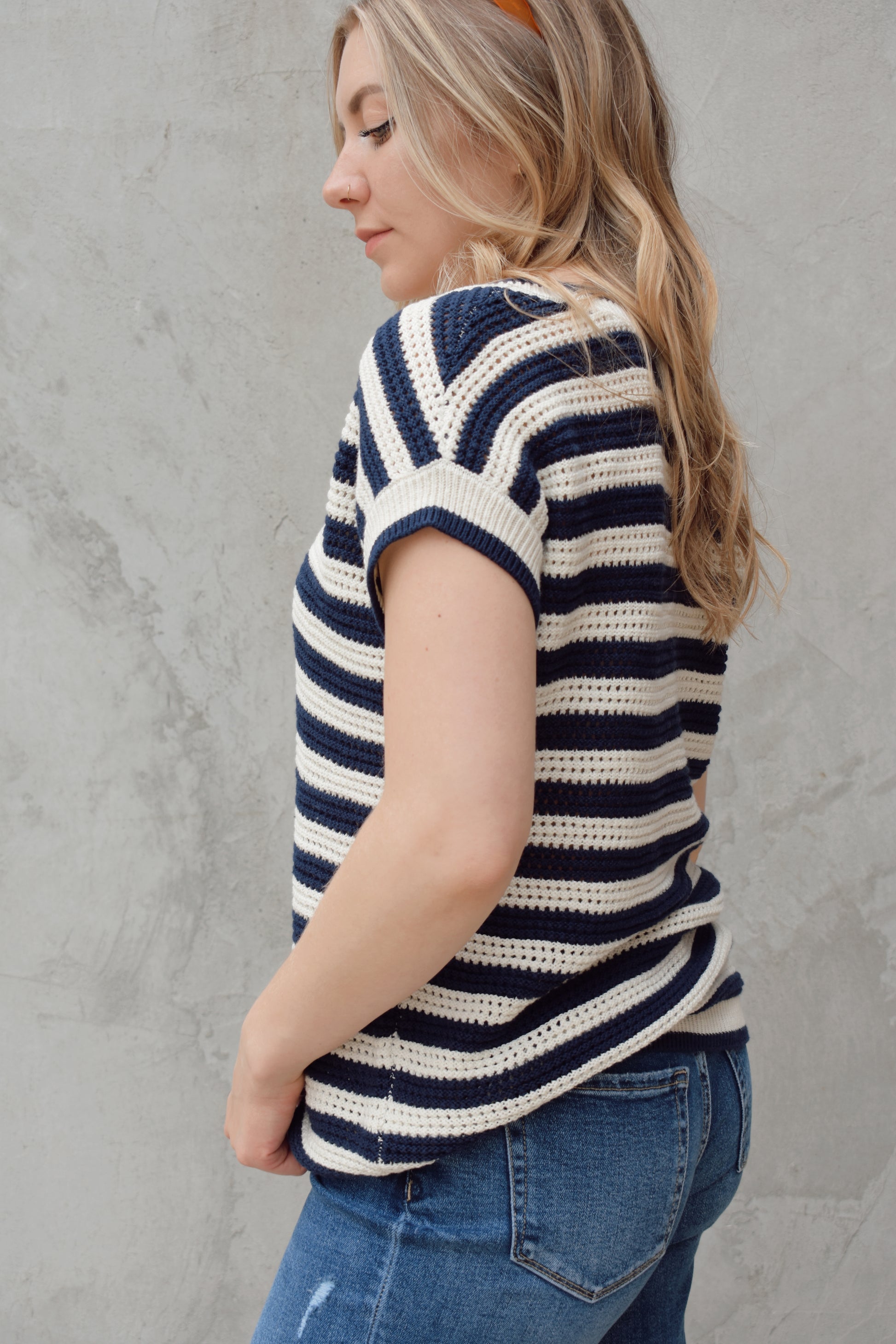 short sleeve v neck crochet sweater top with horizontal stripes, full length relaxed fit, breathable