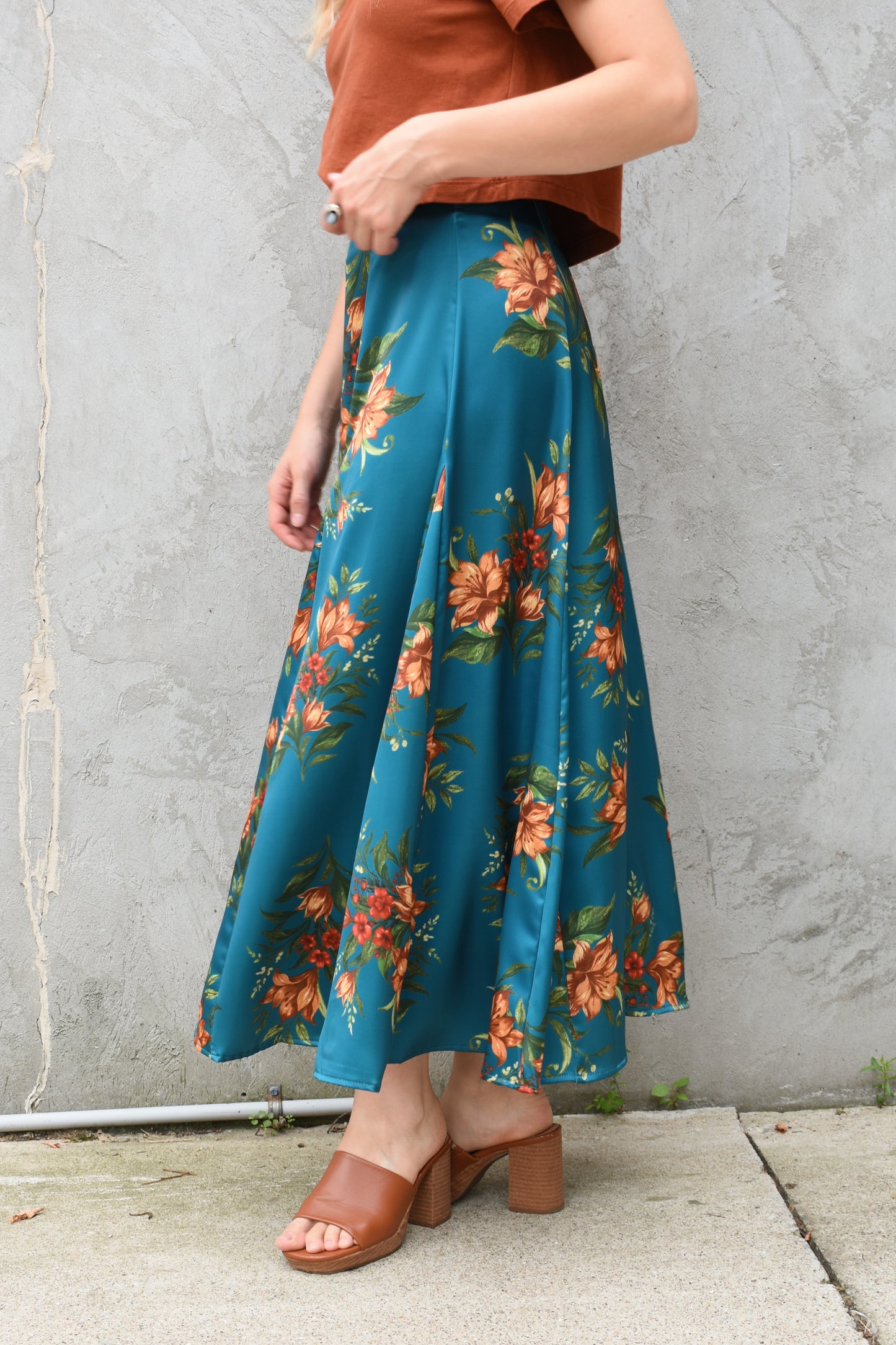 floral satin circle skirt