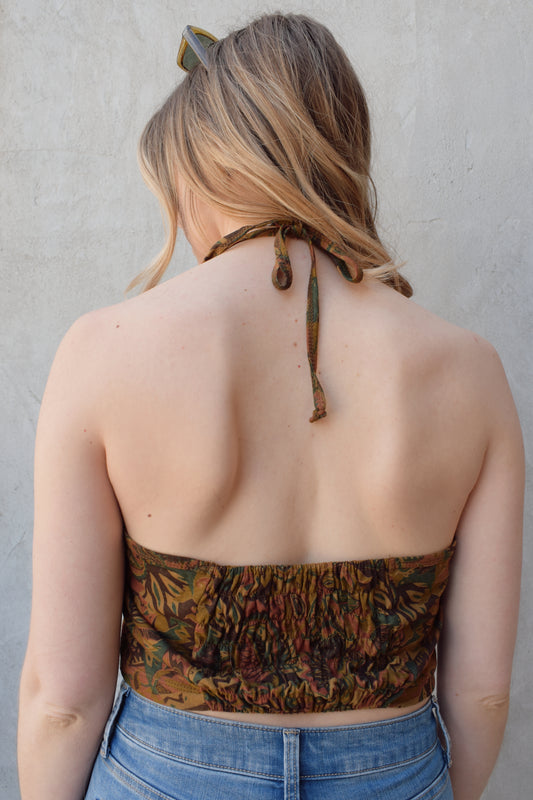 retro paisley halter tie tank top cropped with stretch rushing panel on back