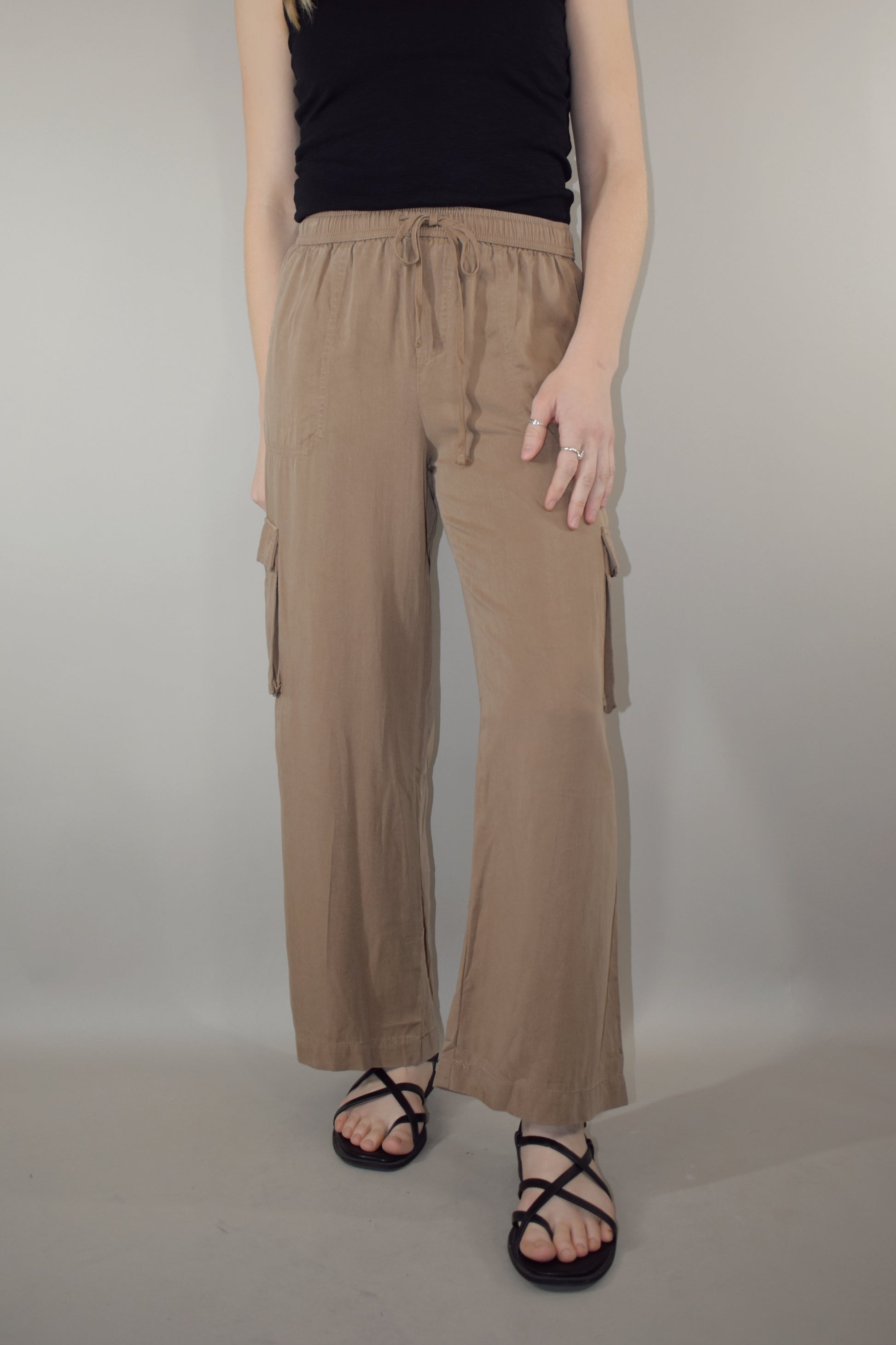 tencel cargo pants with slight wide leg elastic waistband with drawstring side pockets and side cargo pockets patch back pockets