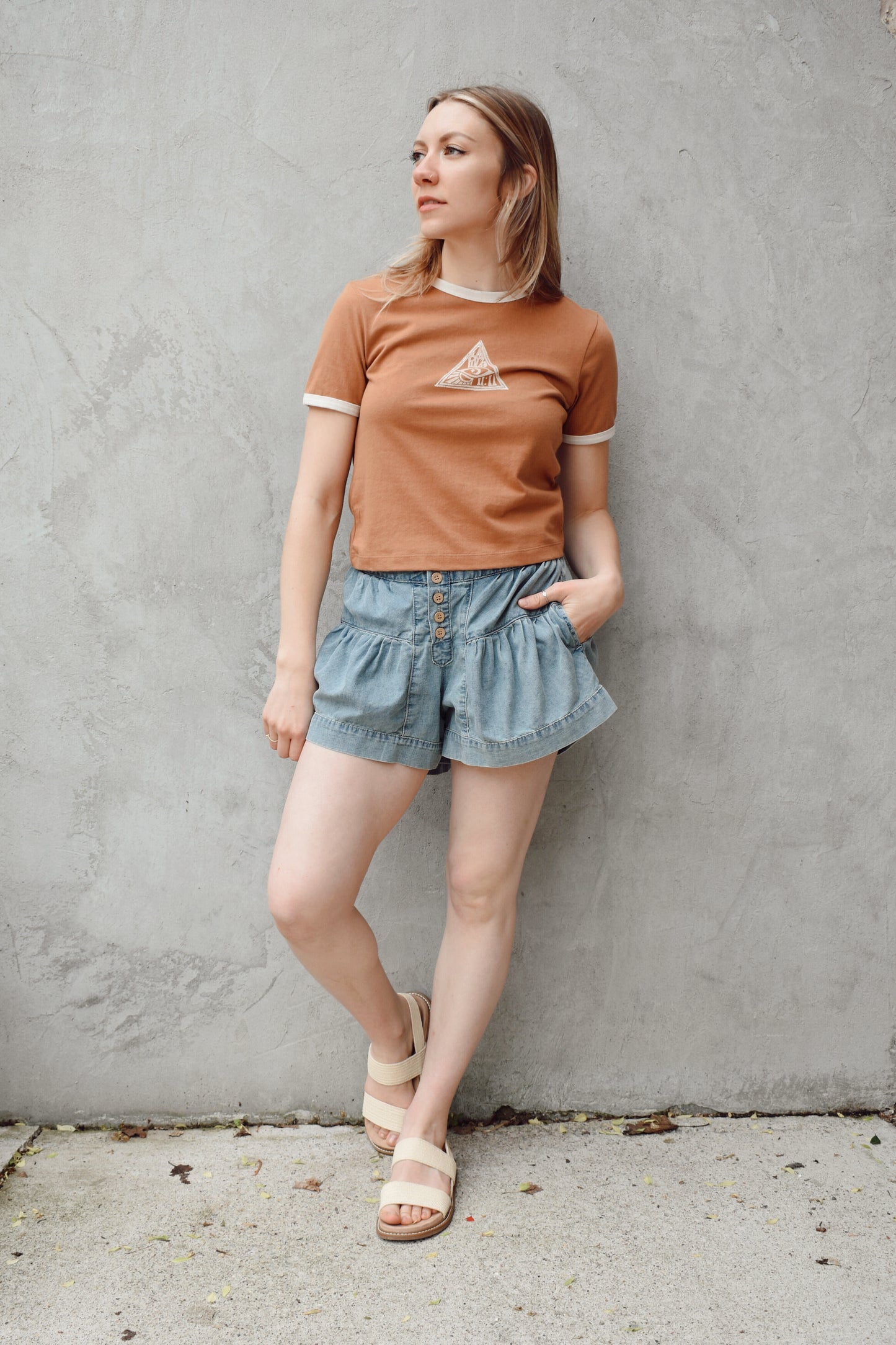 gathered denim shorts