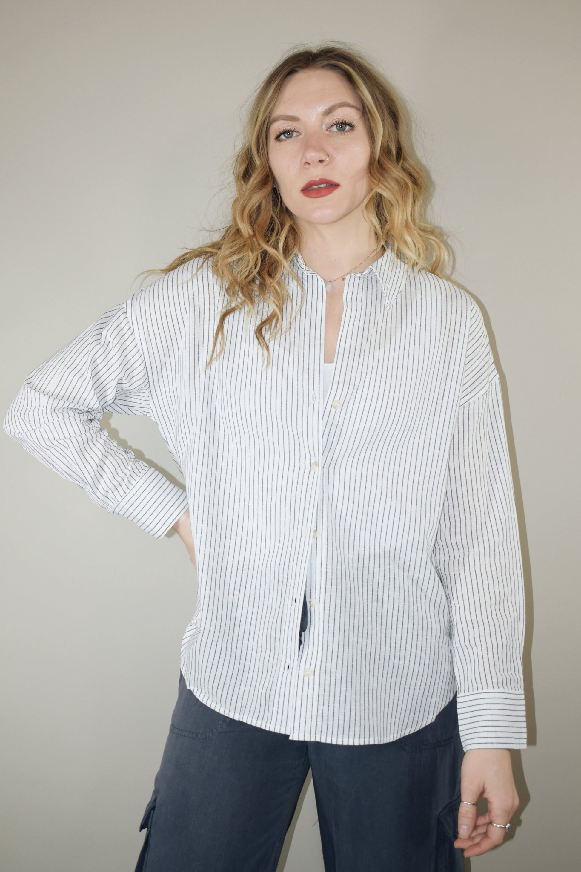 boyfriend style pinstripe long sleeve button down shirt full length relaxed fit drop shoulders