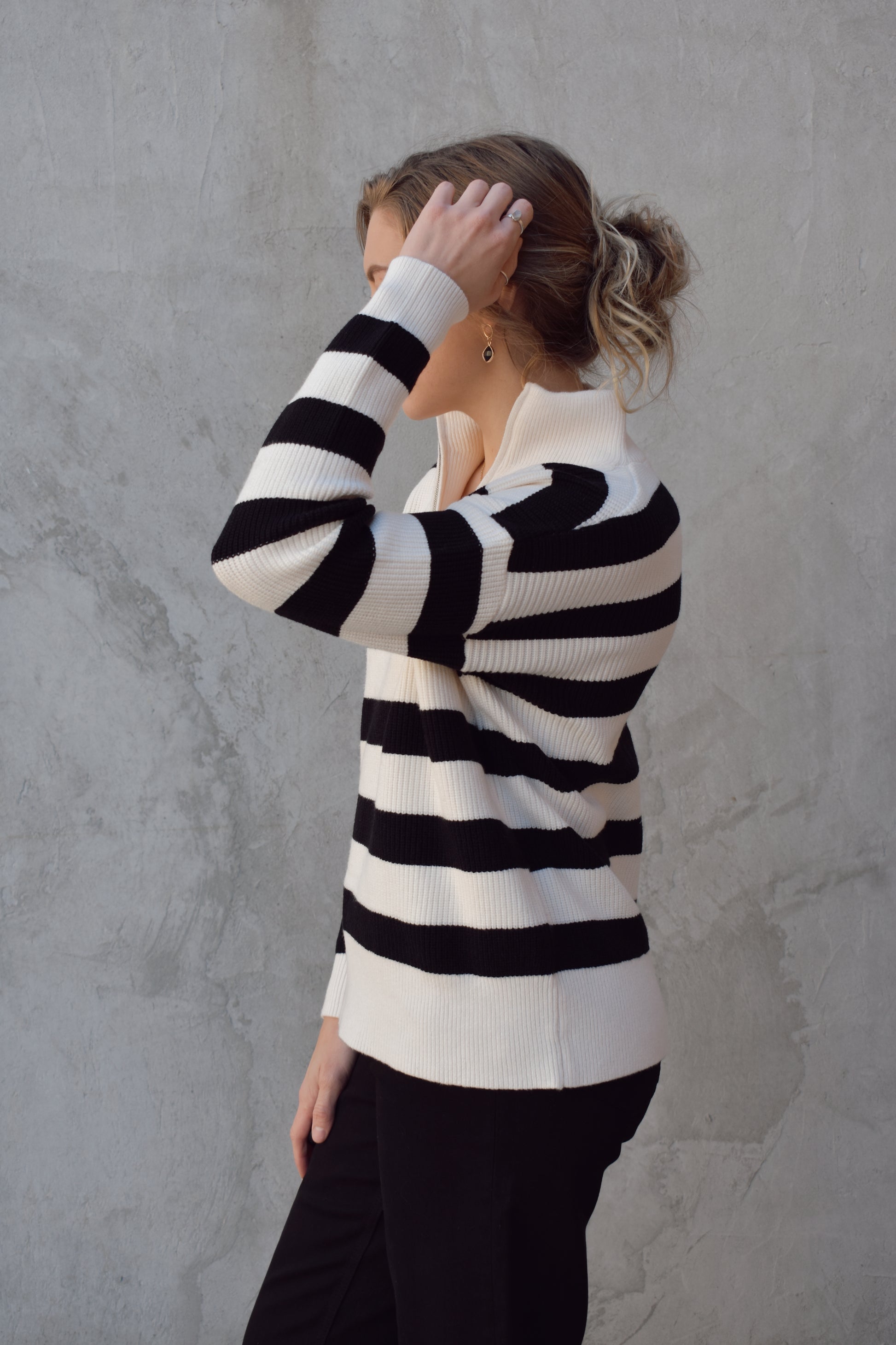 quarter zip pullover sweater with collar, thick horizontal stripes, no stripes on collar, drop shoulders, full length