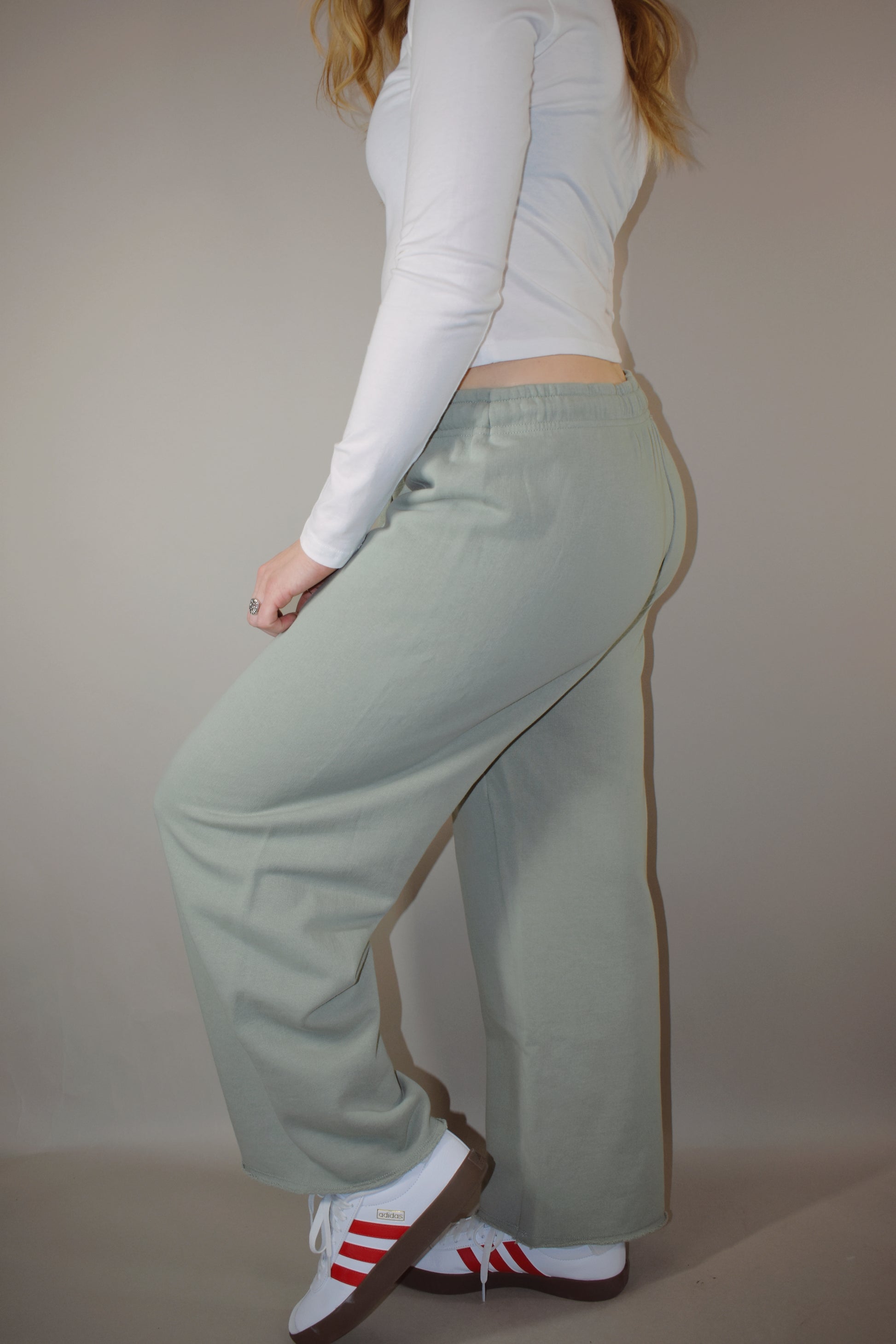 wide leg 100% cotton sweatpants with drawstring and elastic waistband raw hem no pockets athleisure