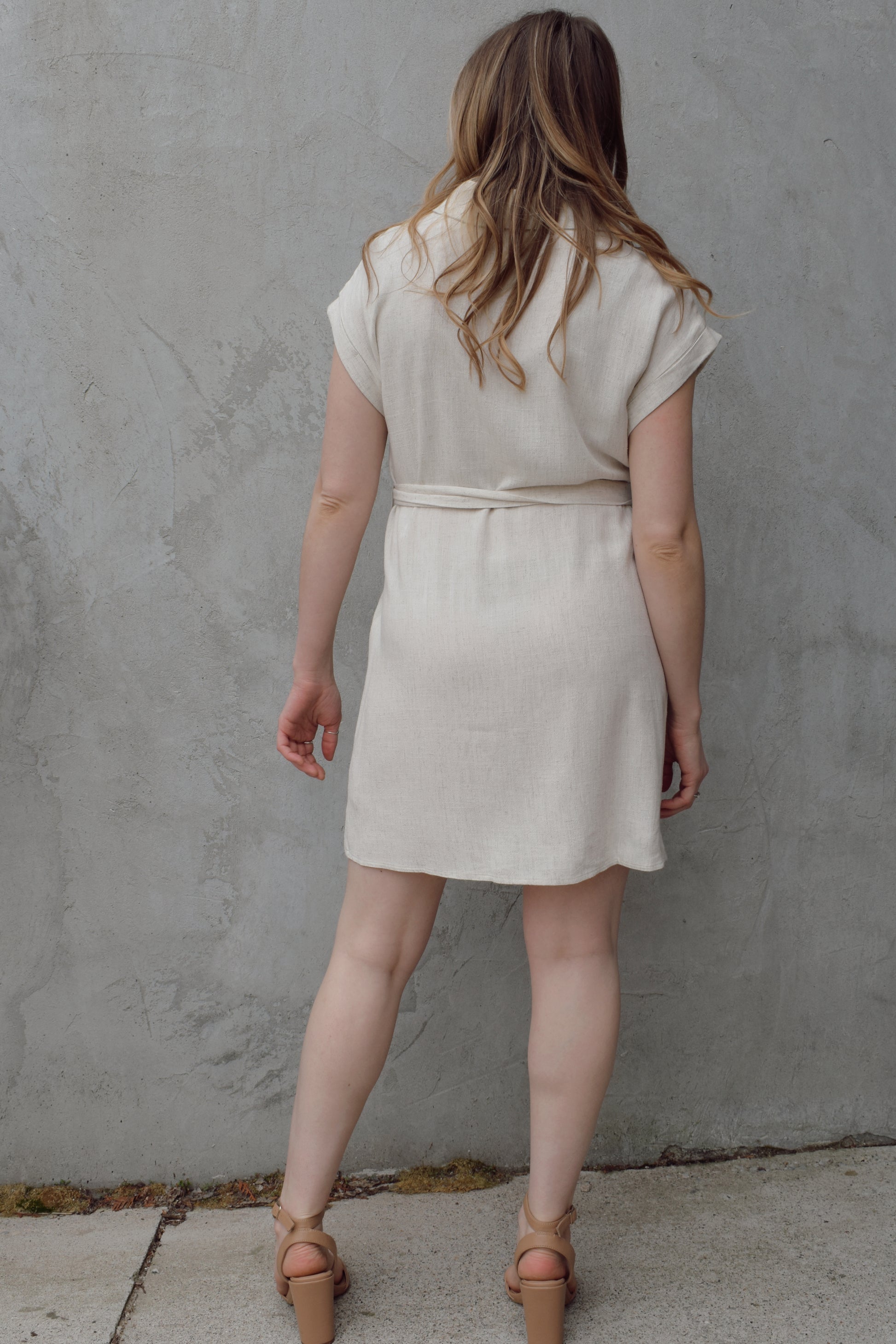 linen button down mini dress with front slouchy patch pockets waist tie cap sleeves lightweight 