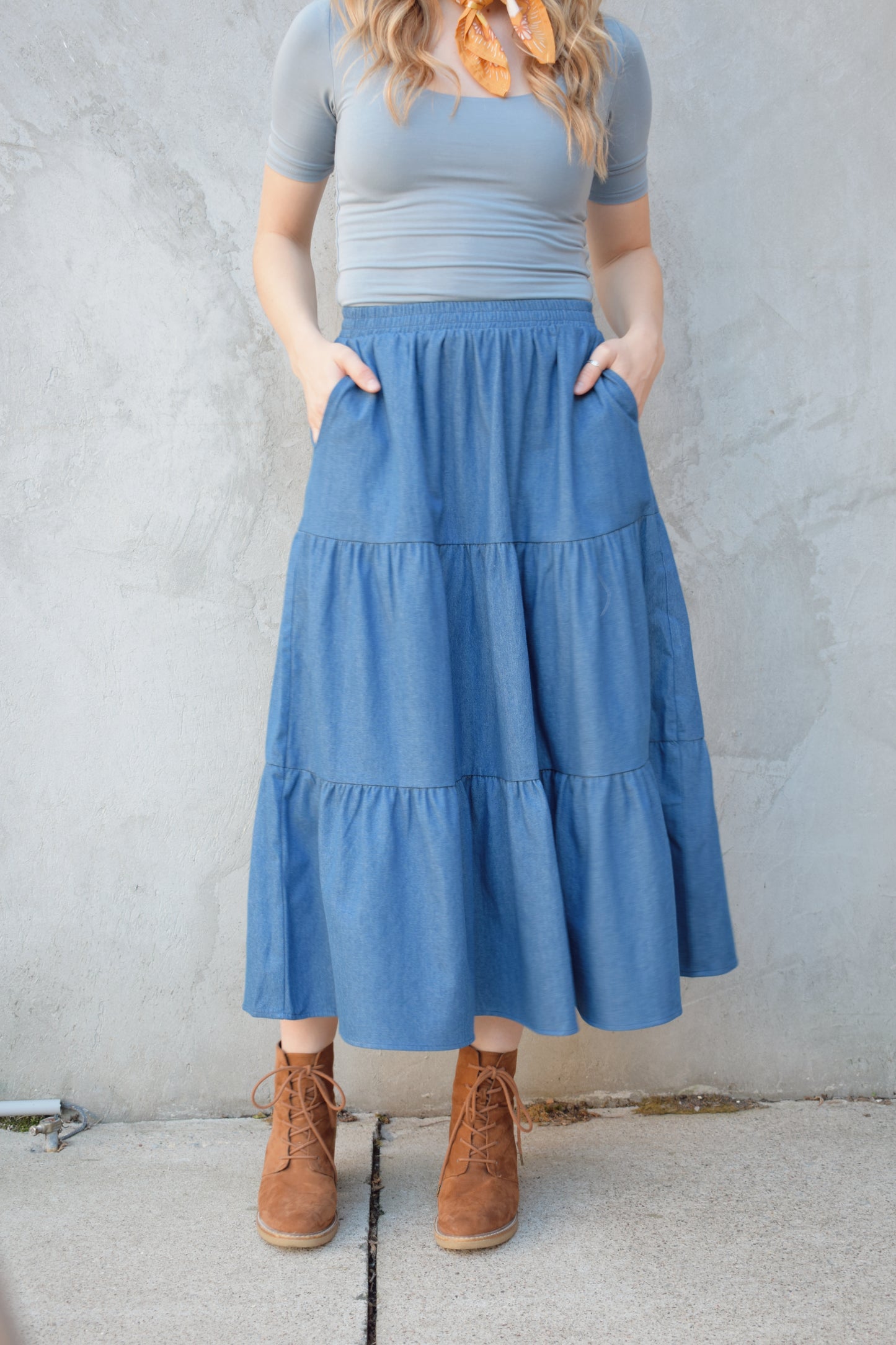 tiered denim skirt