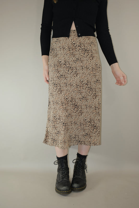 retro style high waisted midi skirt with slit leopard print elastic waist 