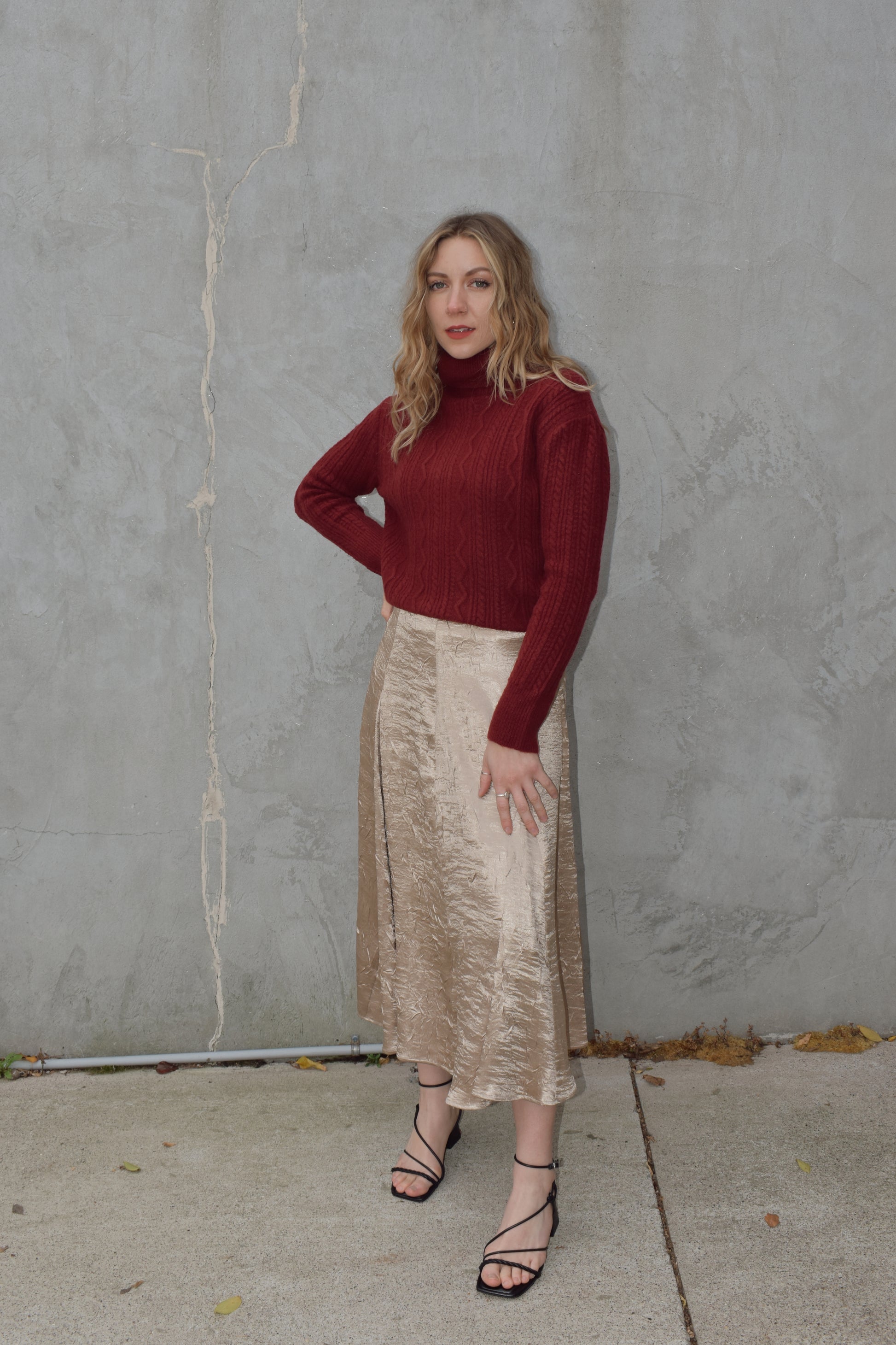 textured gold midi skirt with pleated details, a line flare, zip back enclosure, fitted waist