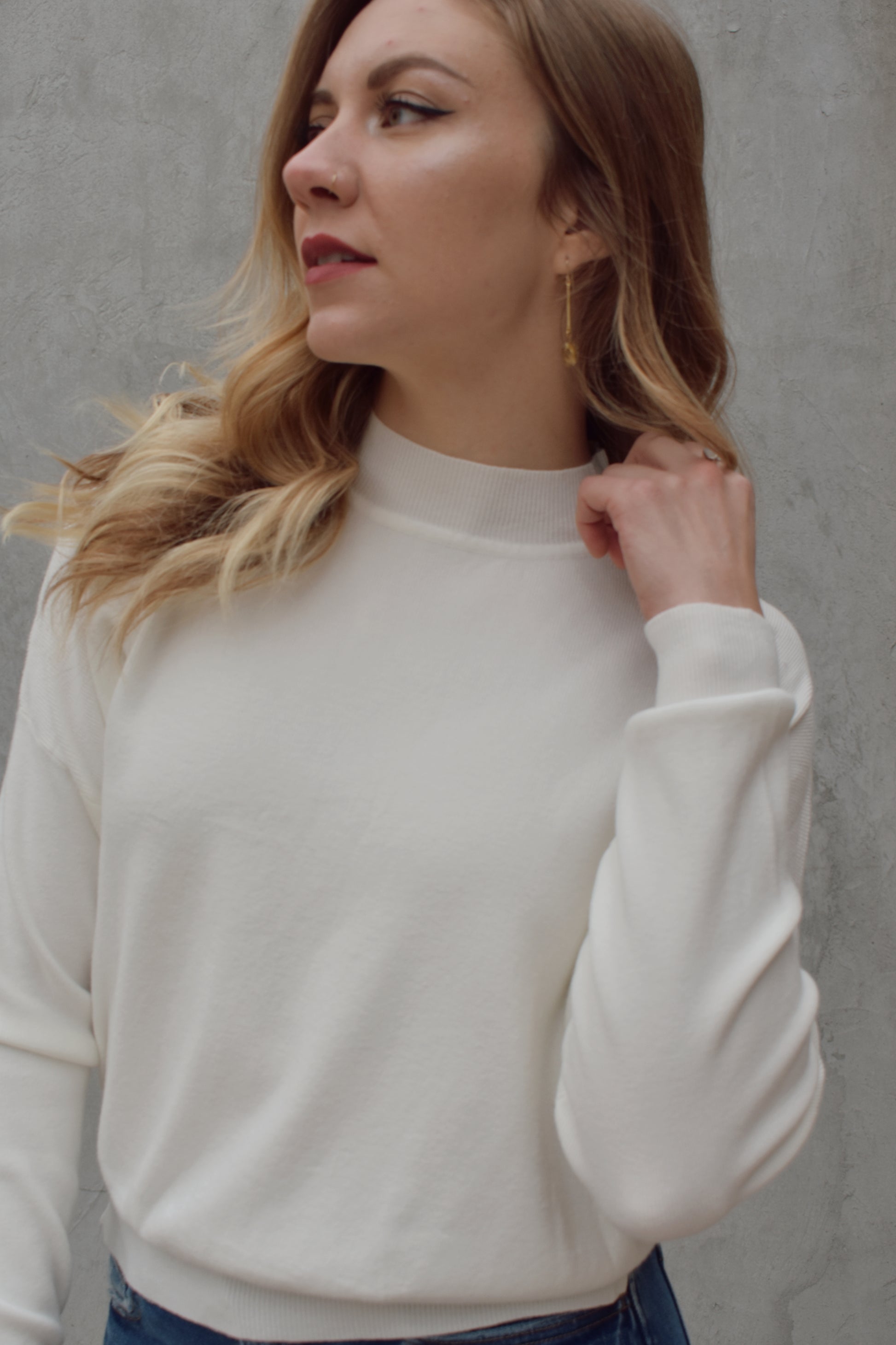 soft knit relaxed mock neck full length long sleeve with drop shoulders 