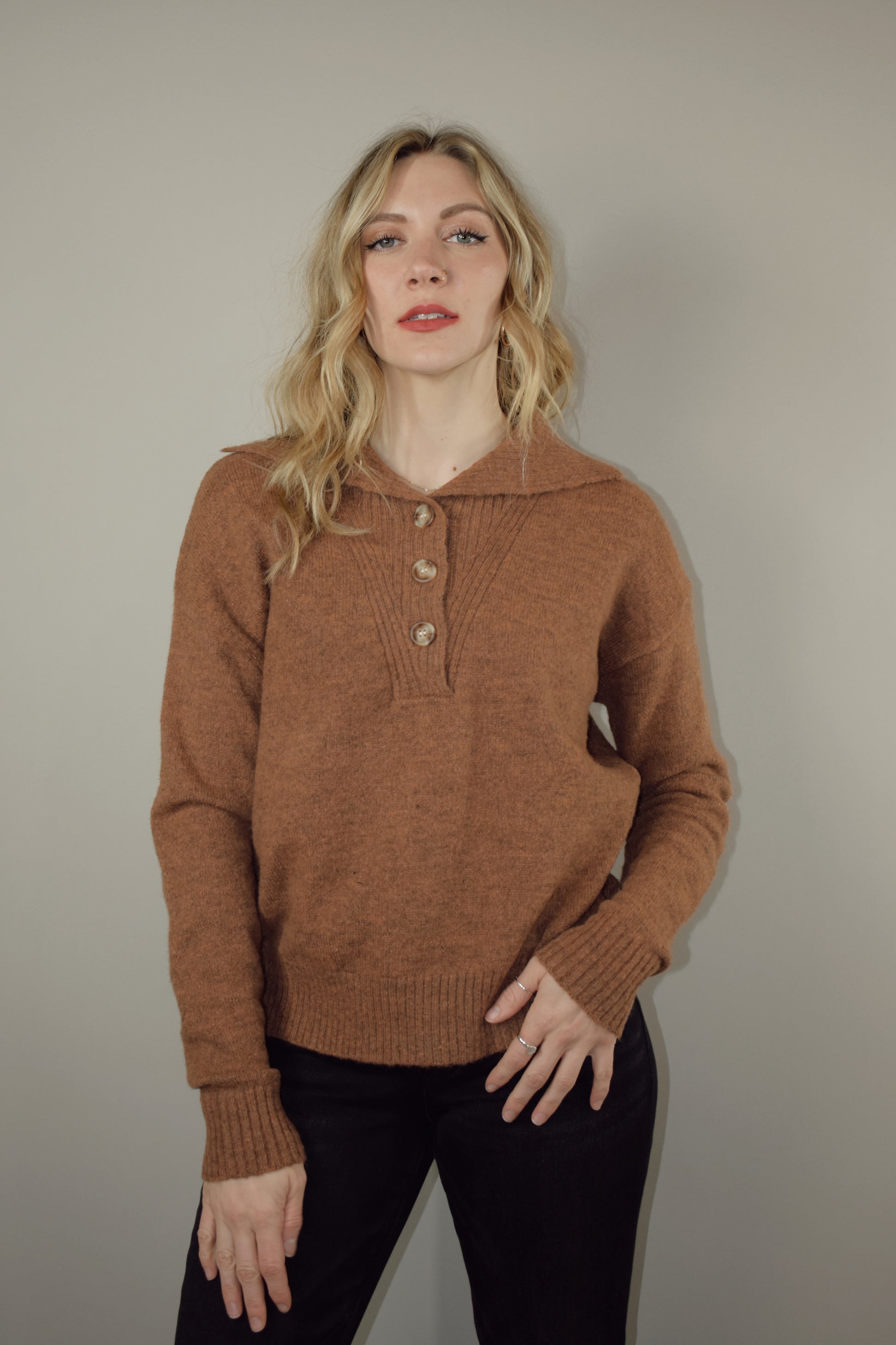 full length sweater with collar and 3 buttons down the neckline with ribbed panel -relaxed fit