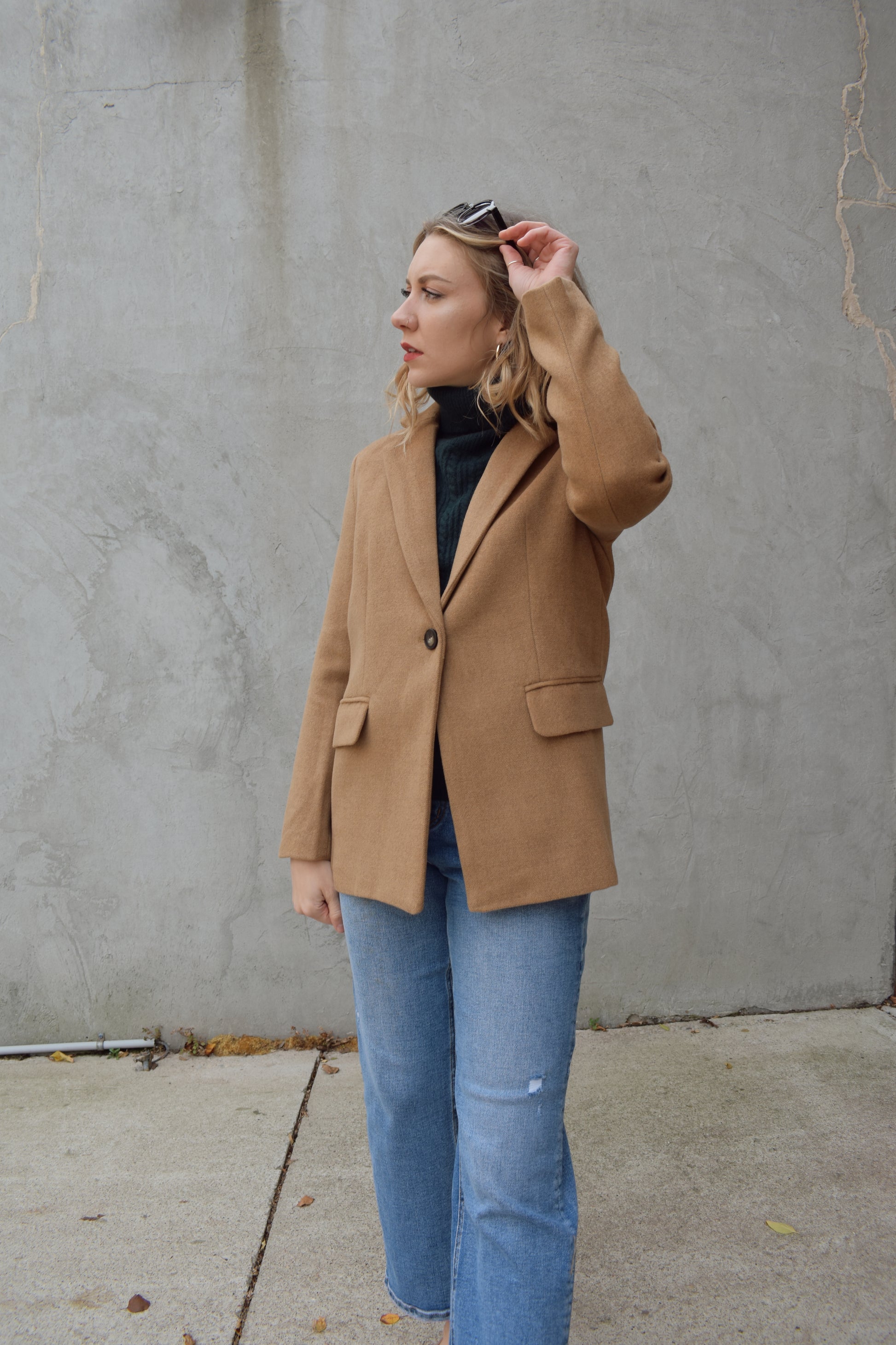 camel pea coat/ blazer with lapel collar, one button closure, patch pockets with flaps in the front, lined, hits at upper thigh area