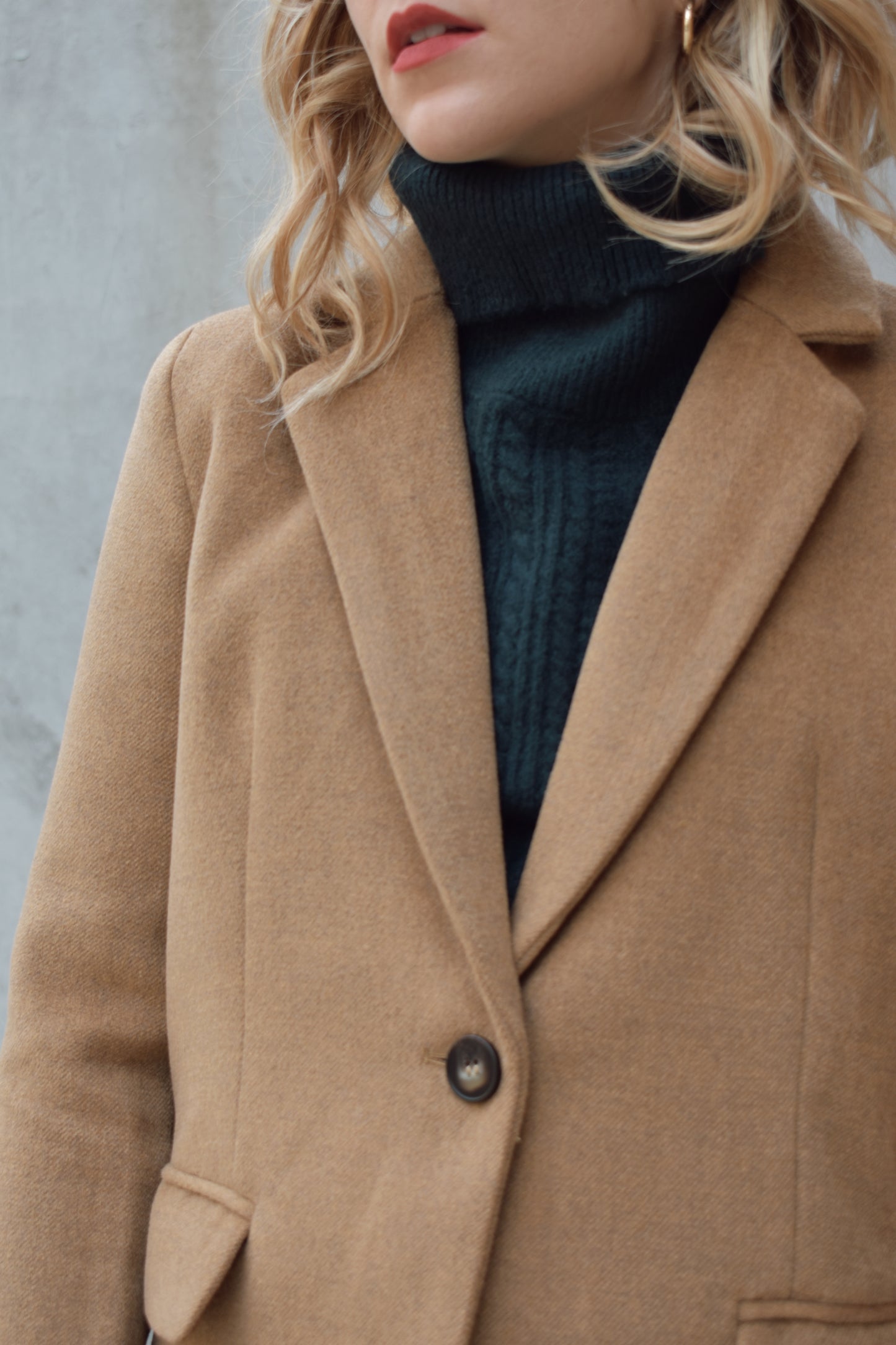 camel pea coat/ blazer with lapel collar, one button closure, patch pockets with flaps in the front, lined, hits at upper thigh area