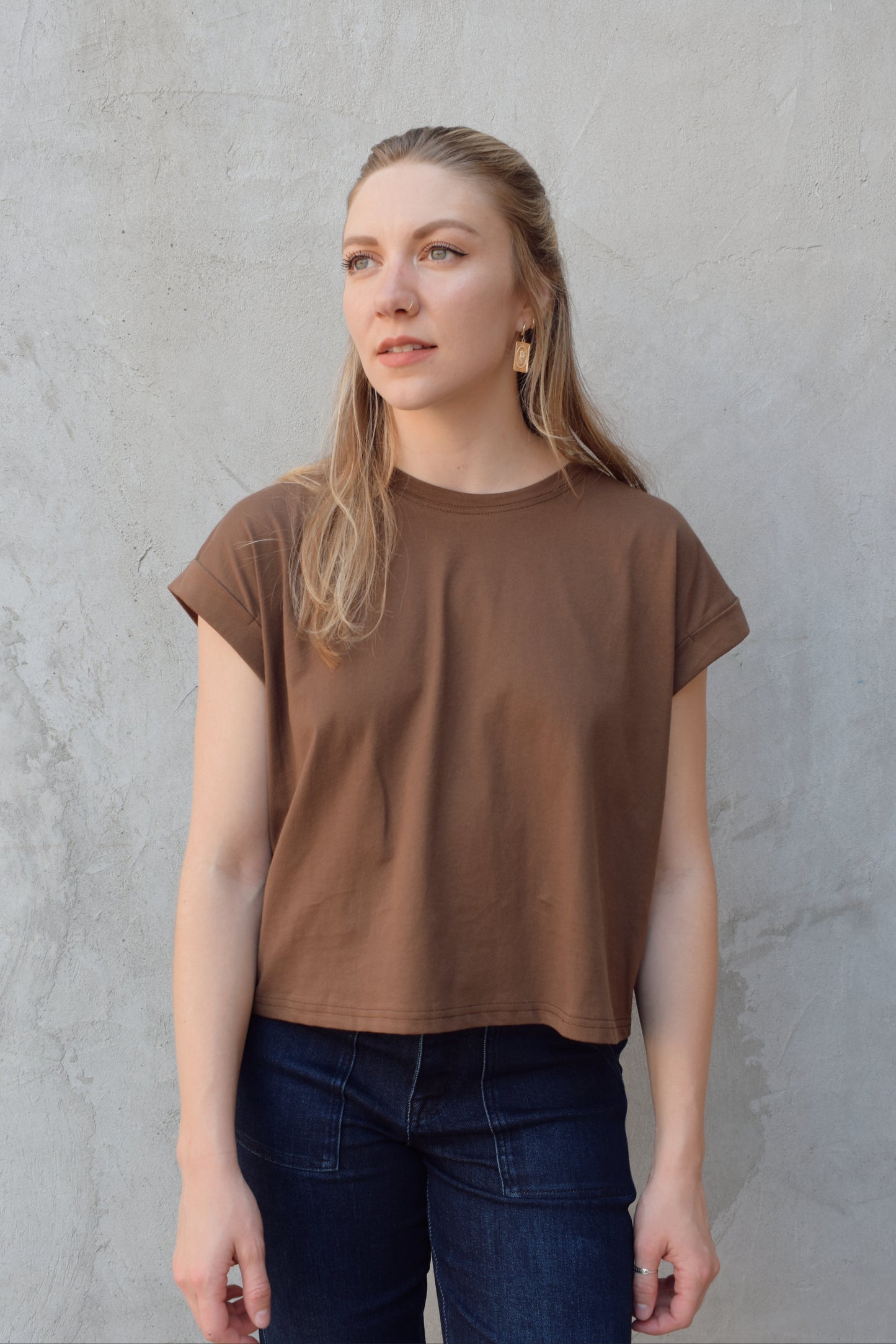 lightweight boxy style t-shirt crew neck with cuffed sleeves, hits at hips, staple basic 