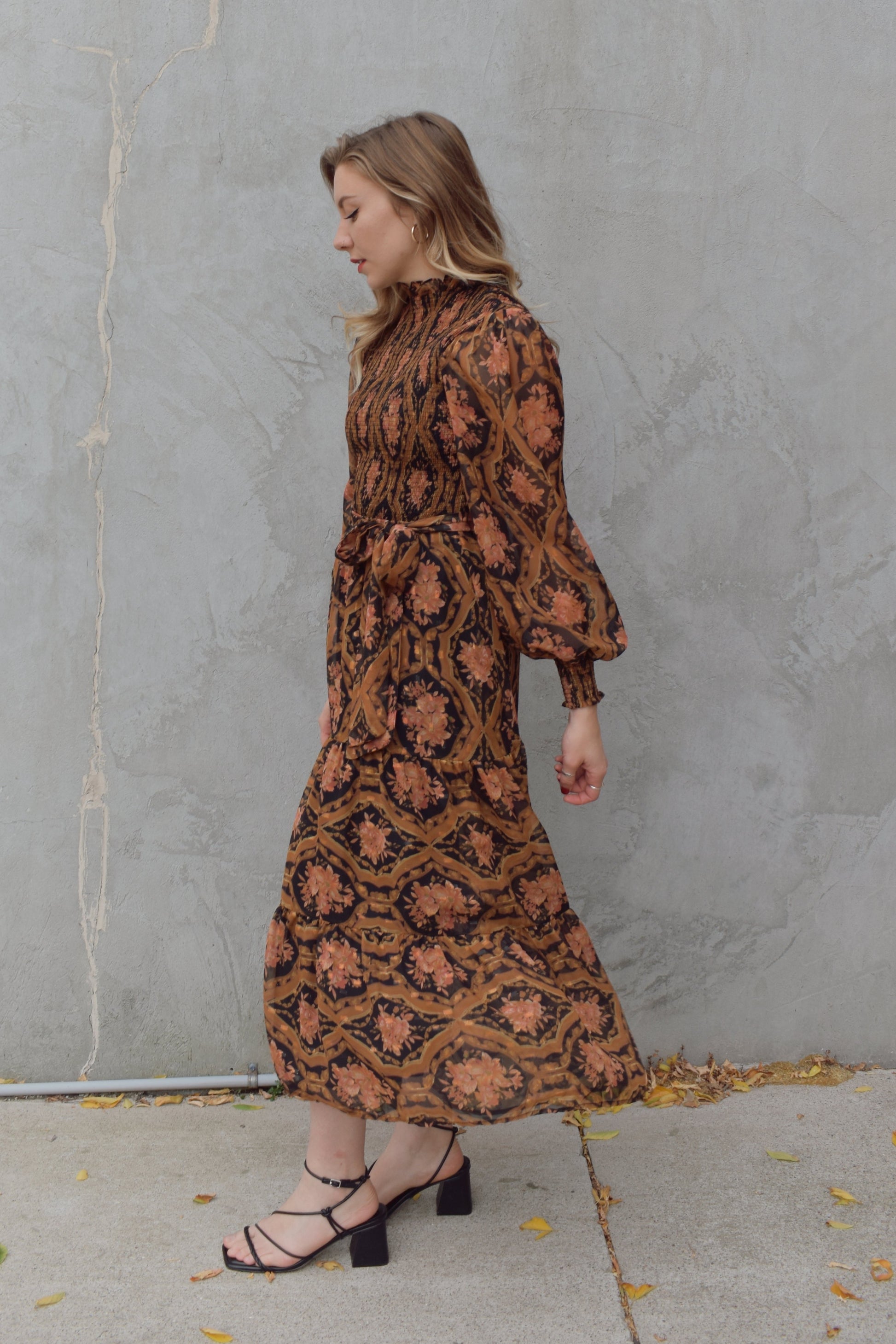 long sleeve high/mock neck midi dress with smocked bodice and cuffs, sheer sleeves, flowy skirt, fabric tie at waist, floral boho tapestry pattern. double button at back of neck