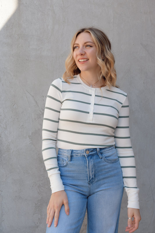 super lightweight long sleeve henley with horizontal stripes, white buttons, crew neck, stretchy and fitted, full length