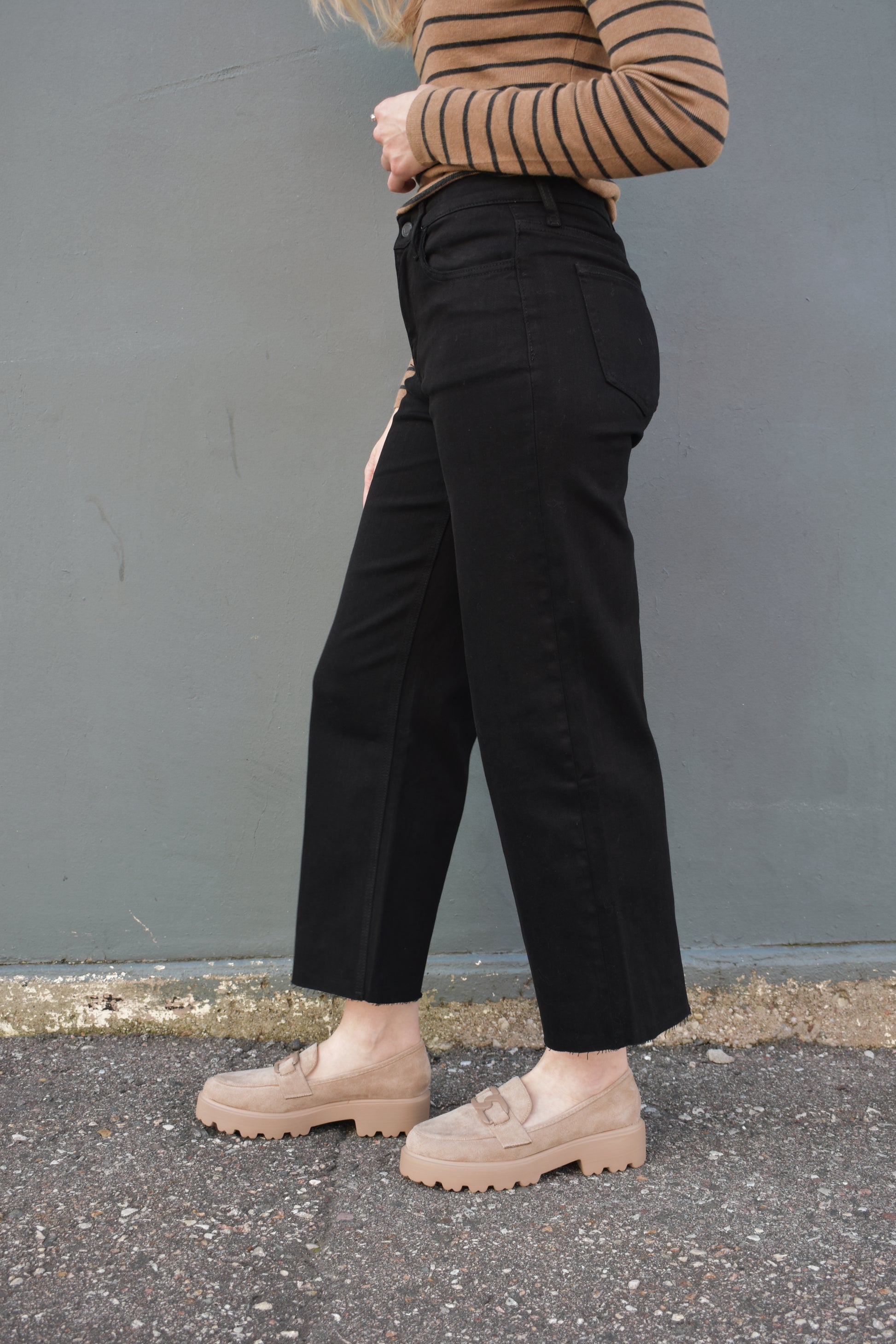 wide leg cropped black high rise stretch jeans no holes or distressing raw hem