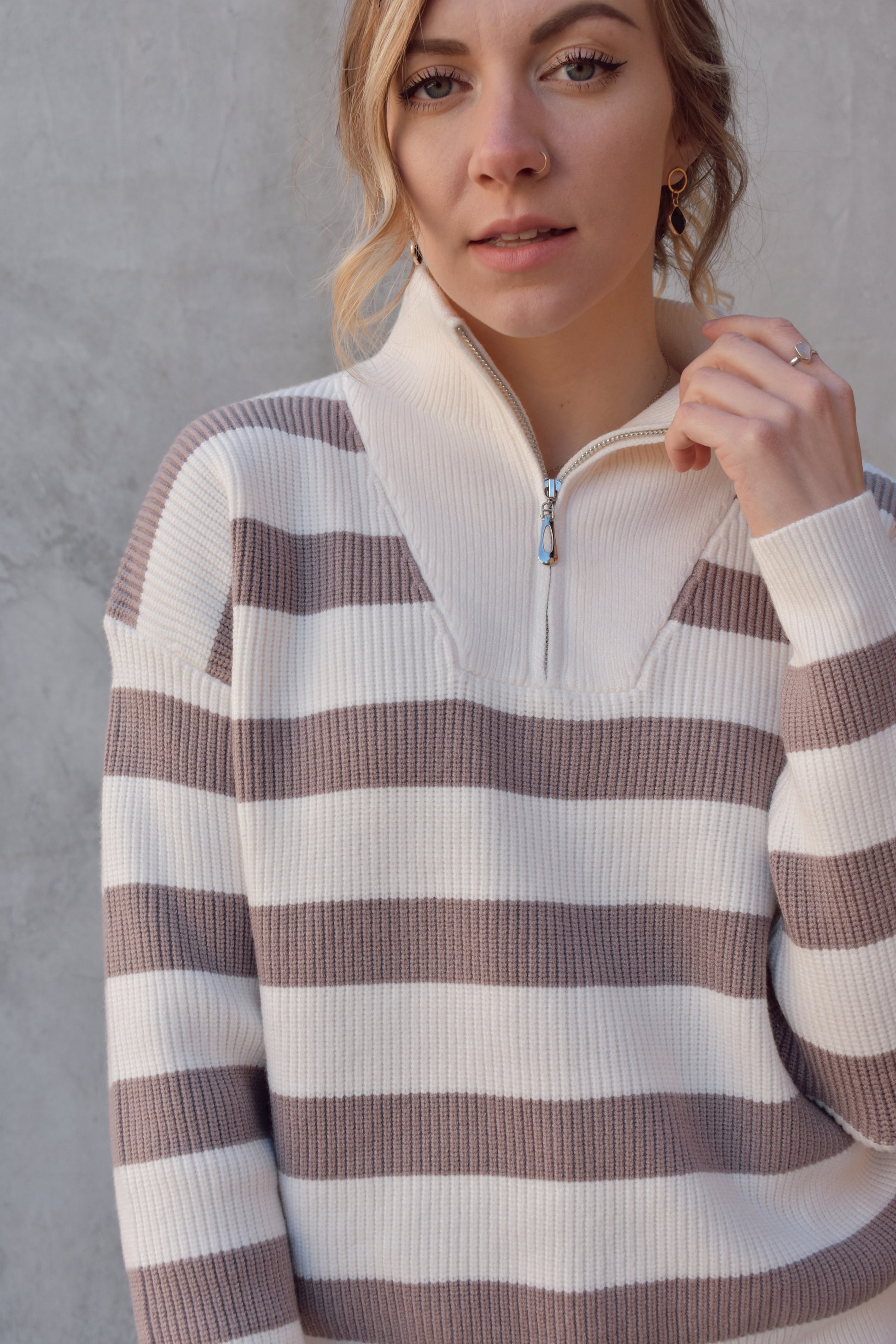 quarter zip pullover sweater with collar, thick horizontal stripes, no stripes on collar, drop shoulders, full length