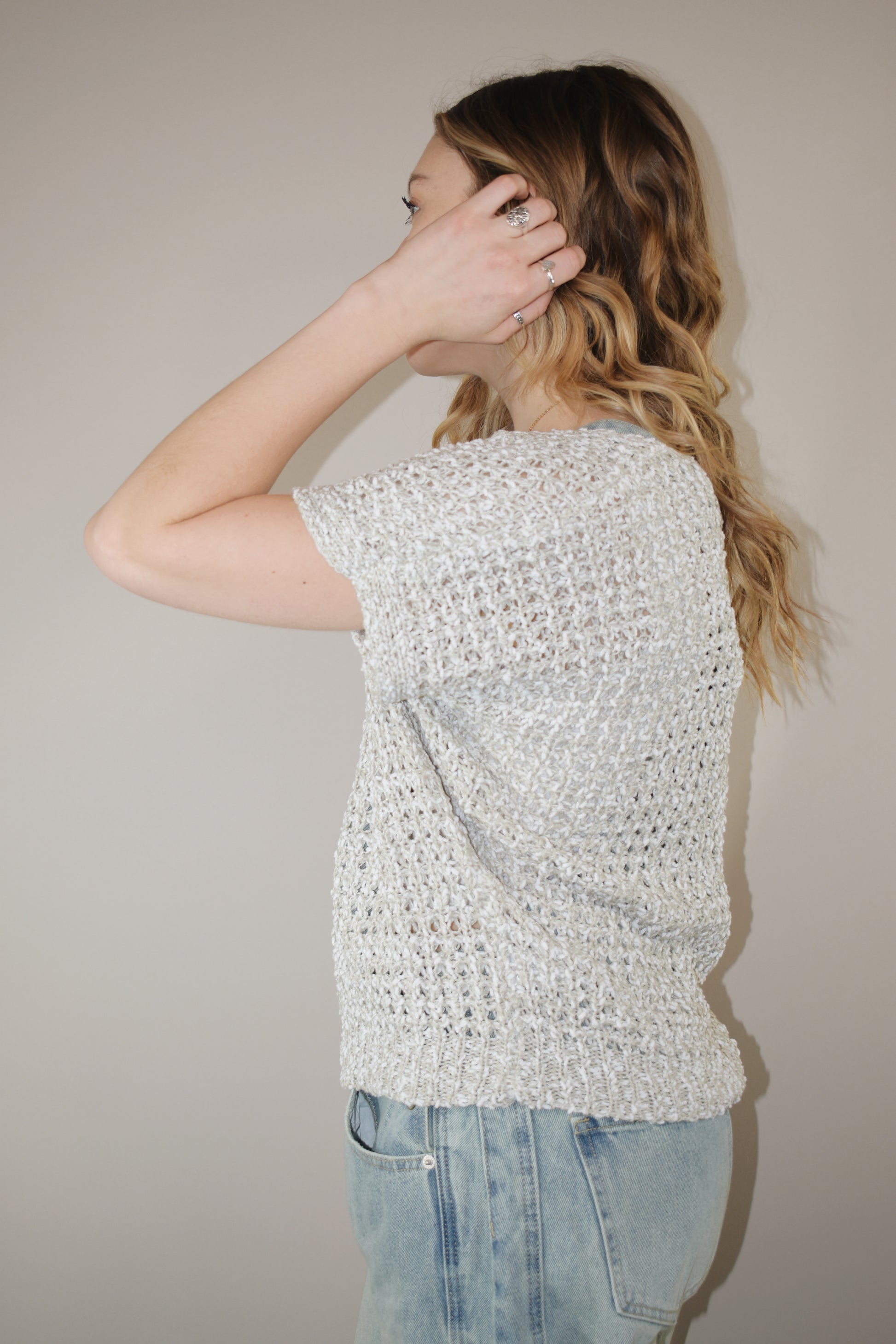 crochet summer short sleeve sweater full length boxy fit scoop/vneck neckline slight batwing 