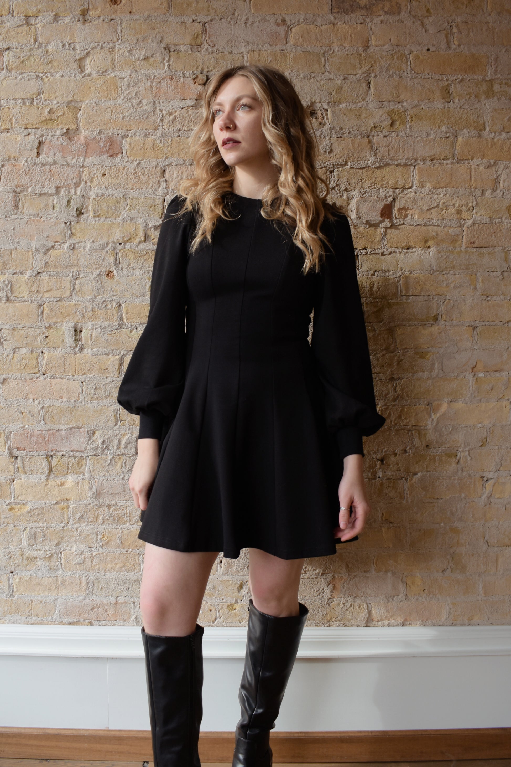 black mini dress with long balloon sleeves, rushing at shoulder, high neckline, seam detailing from bodice down to skirt, flowy skirt