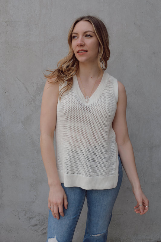 varsity knit sweater tank lightweight v neck side slits full length loose straight fit