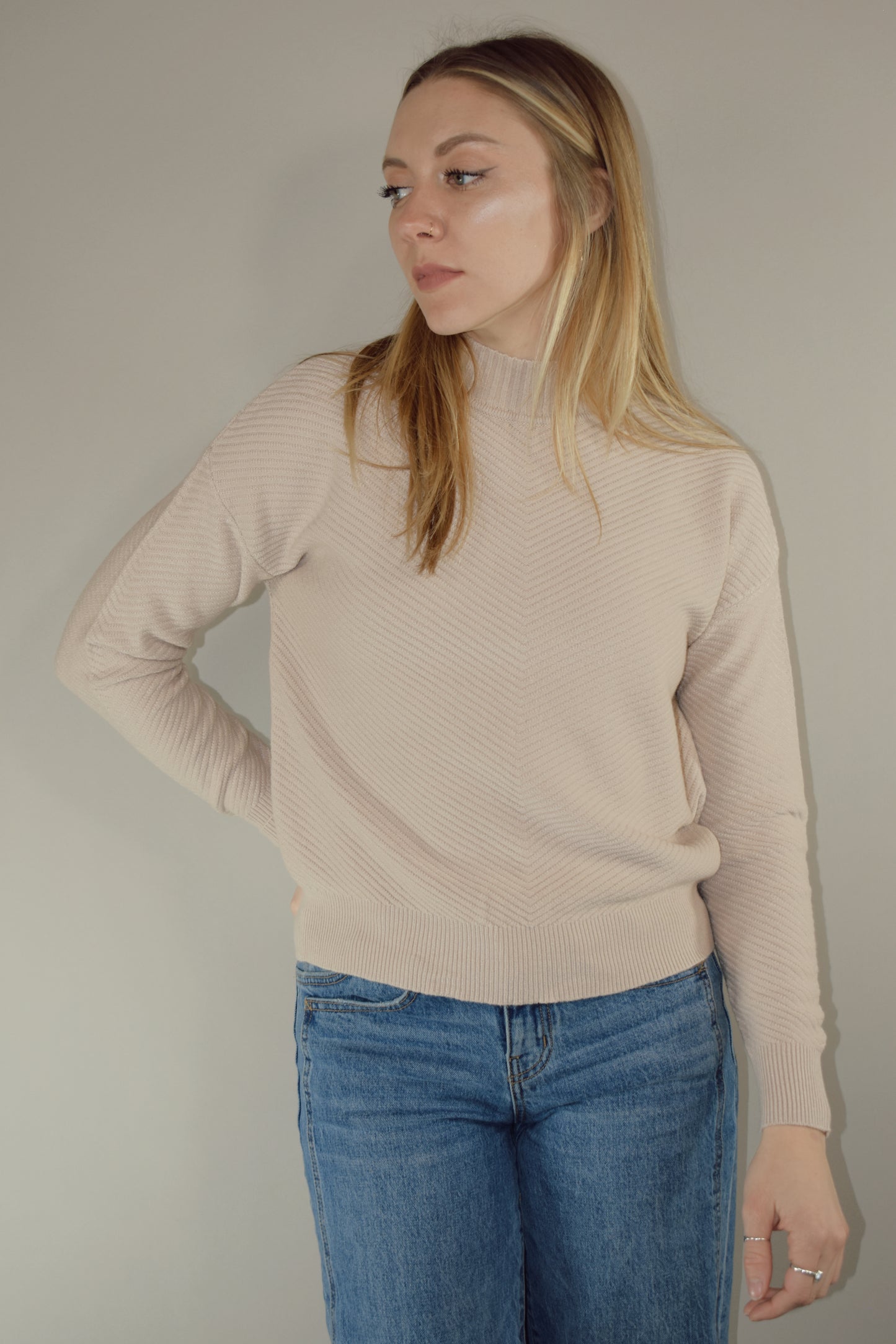 full length relaxed fit mock neck sweater with diagonal texture pattern