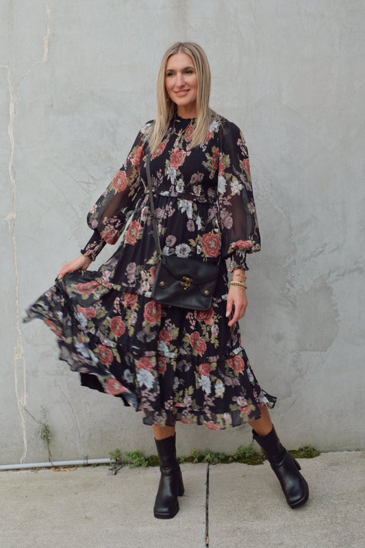 dressy floral midi dress with black background, chiffon material with sheer long sleeves, smocking on bodice and cuffs, high neck, tiered skirt.