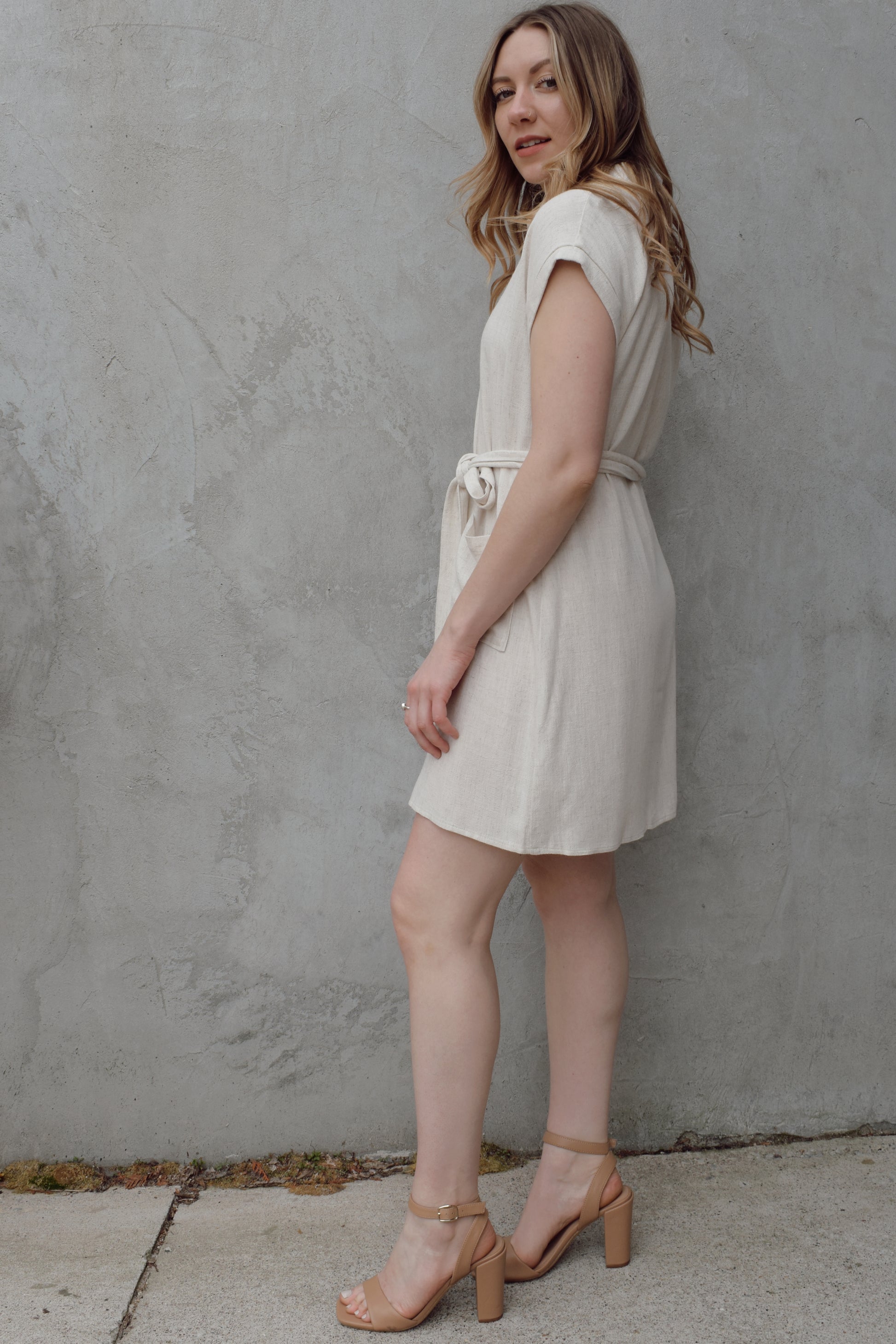 linen button down mini dress with front slouchy patch pockets waist tie cap sleeves lightweight 