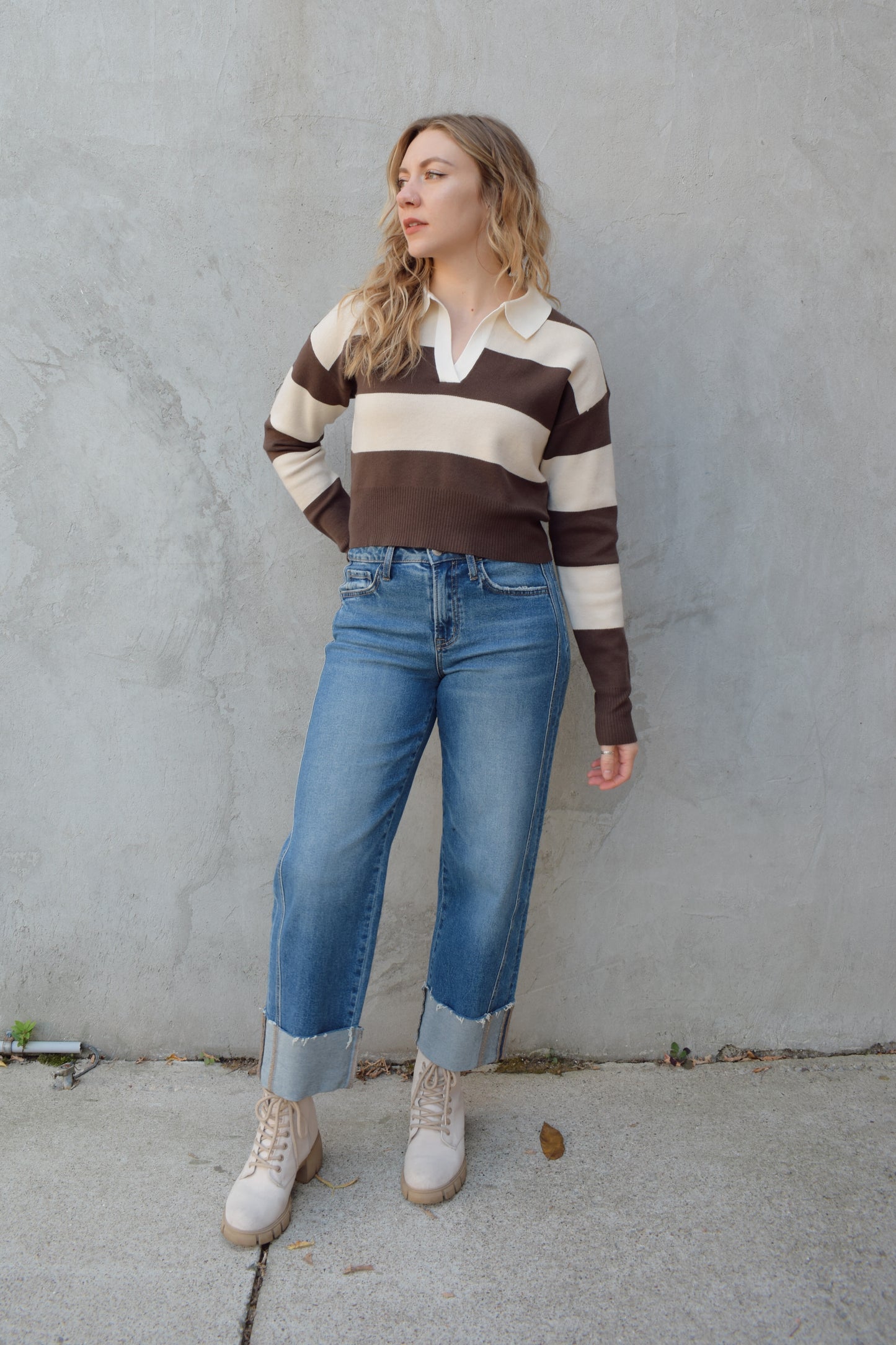 cream and dark brown slightly cropped polo light weight sweater wide horizontal stripes ribbed cuffs and hem drop shoulder 