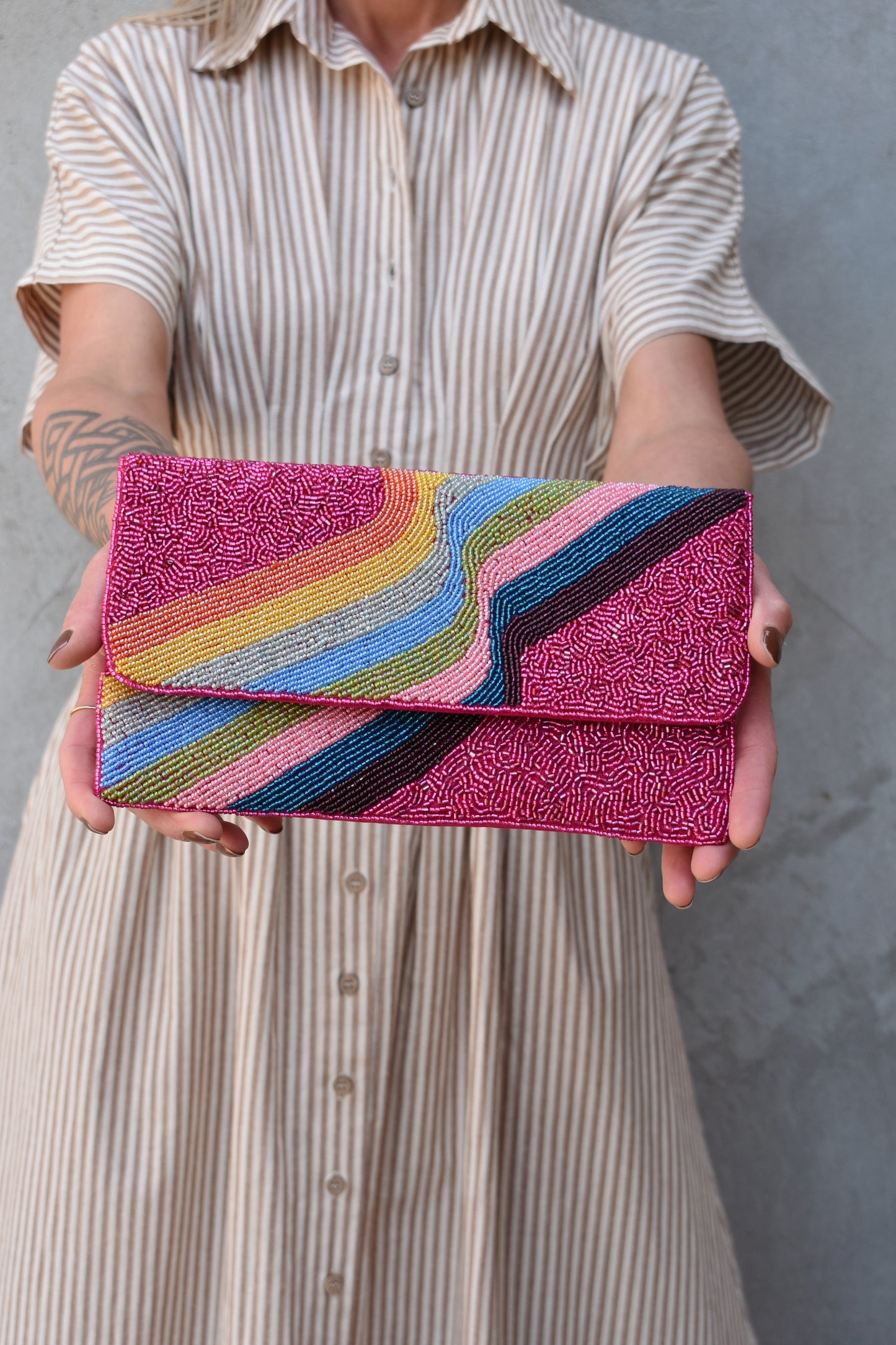 retro rainbow beaded clutch