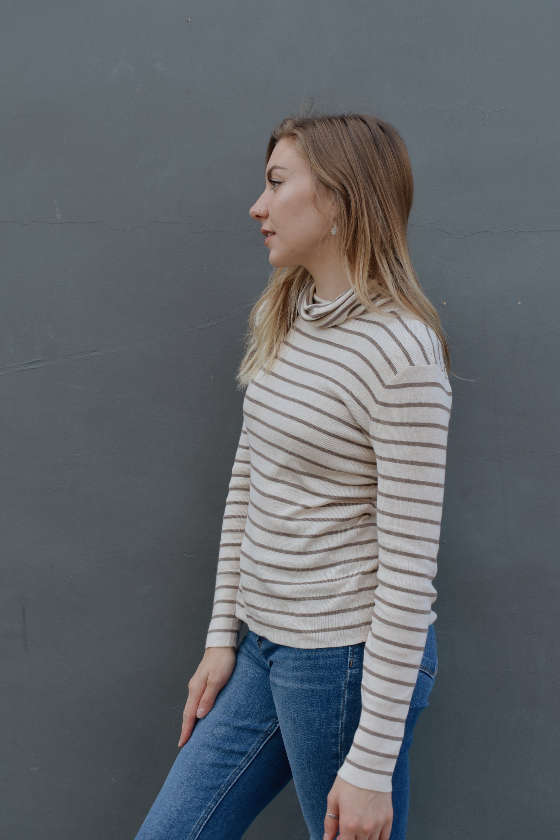 lightweight turtleneck long sleeve with a straight fit, full length, horizontal stripes.