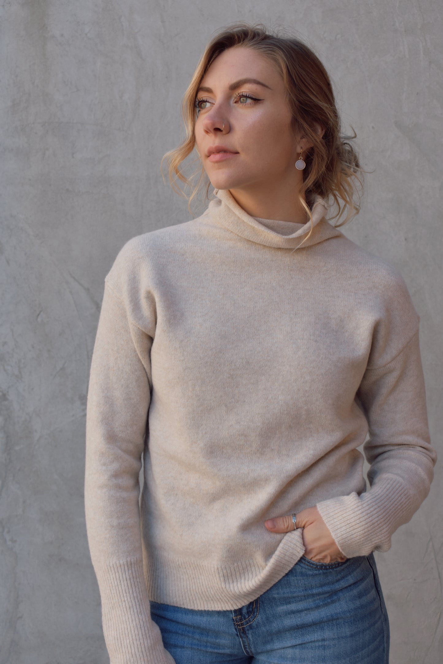 full length long sleeve turtleneck lightweight sweater, relaxed fit, drop shoulders, loose fabric around neck