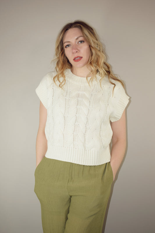 relaxed fit cable sweater vest full length crew neckline